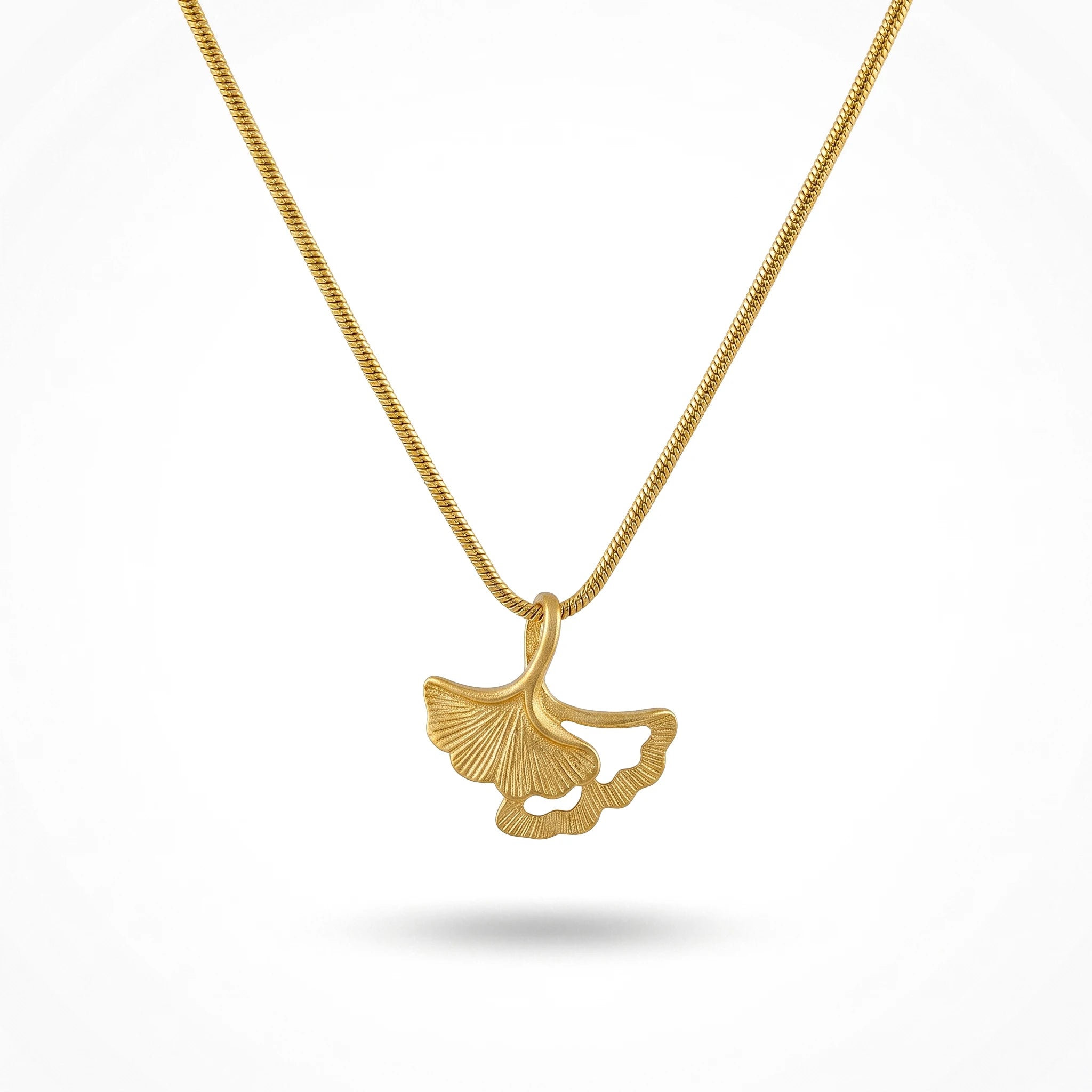 QIAOREN 13714 Snake Chain Pendant Necklace with Matte Hollow Double Ginkgo Leaf Charms, Textured Vintage Gold Collar Jewelry
