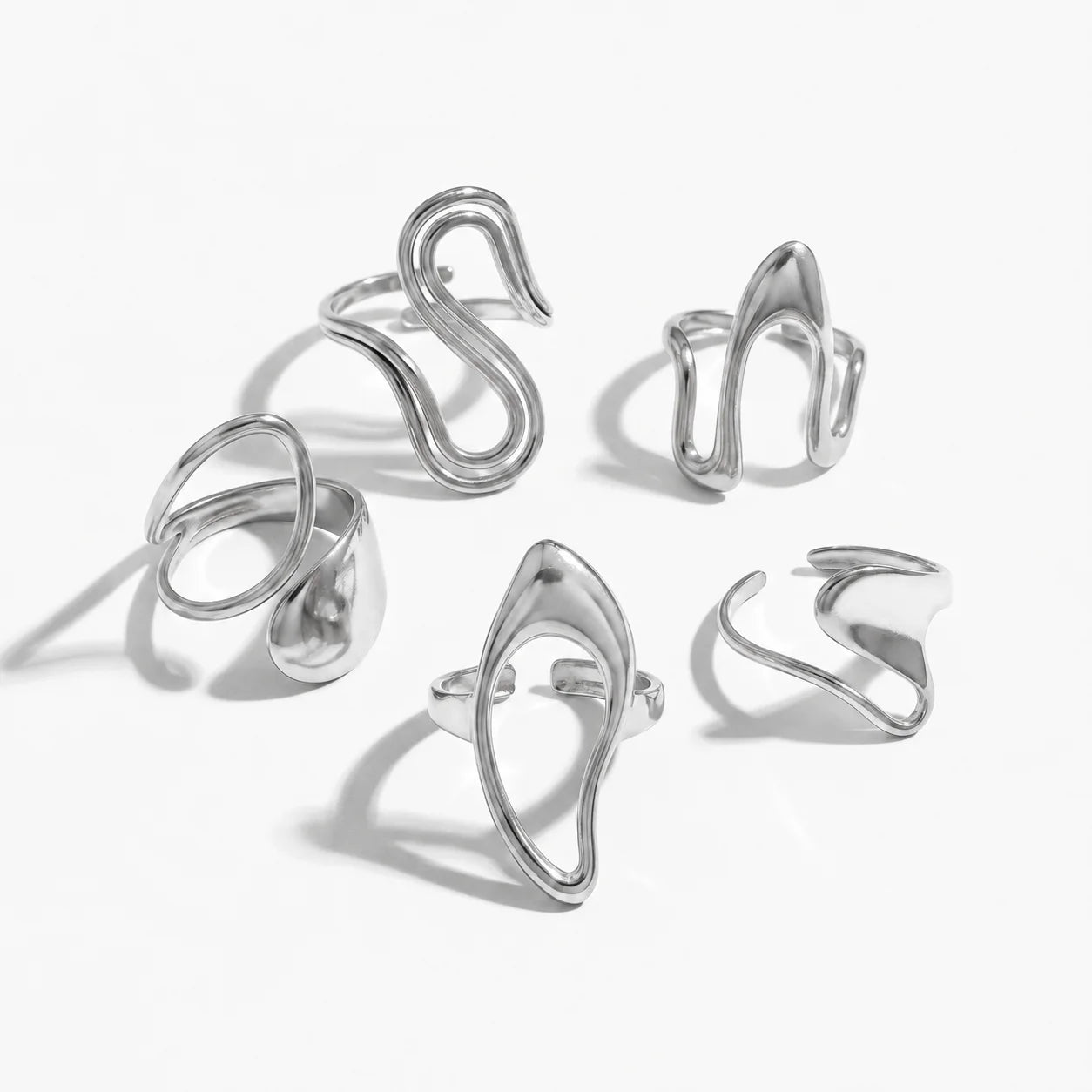 QIAOREN 14284-93 Abstract Irregular Wavy Open Cuff Ring Set, Adjustable Stackable Statement Rings, Stainless Steel Jewelry Gift