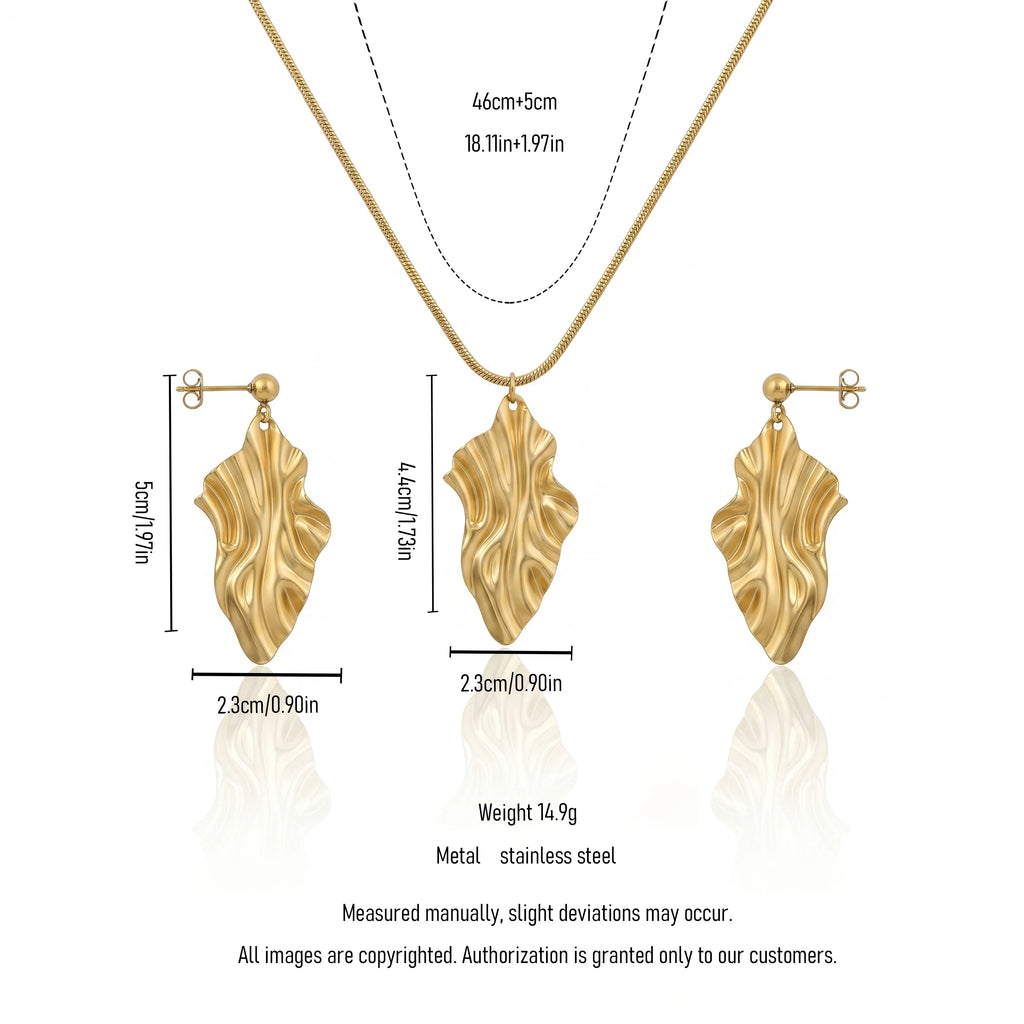 18K Gold Plated Irregular Textured Leaf Necklace Set, Waterproof Tarnish Free Stainless Steel Abstract Jewelry