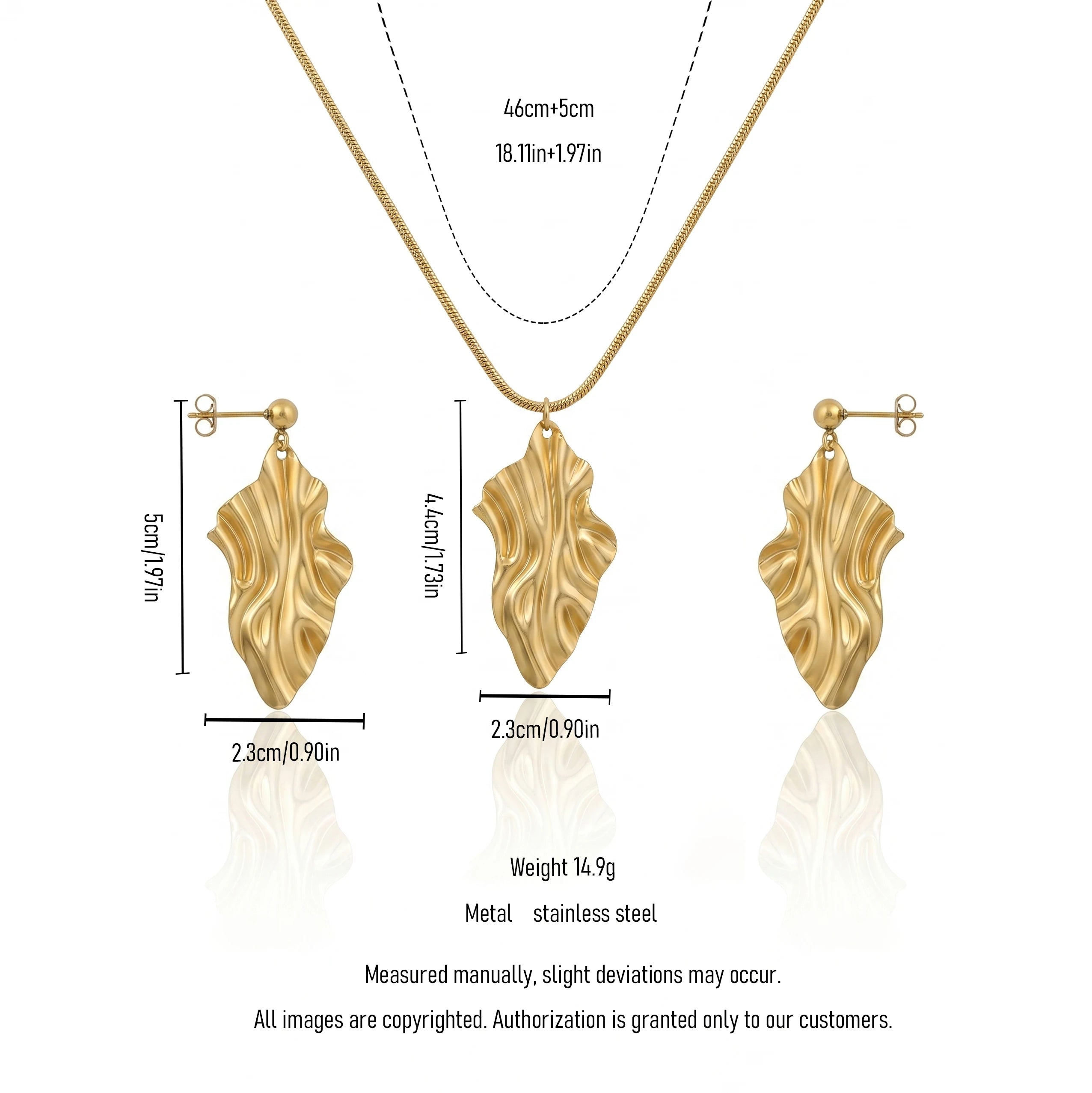 18K Gold Plated Irregular Textured Leaf Necklace Set, Waterproof Tarnish Free Stainless Steel Abstract Jewelry
