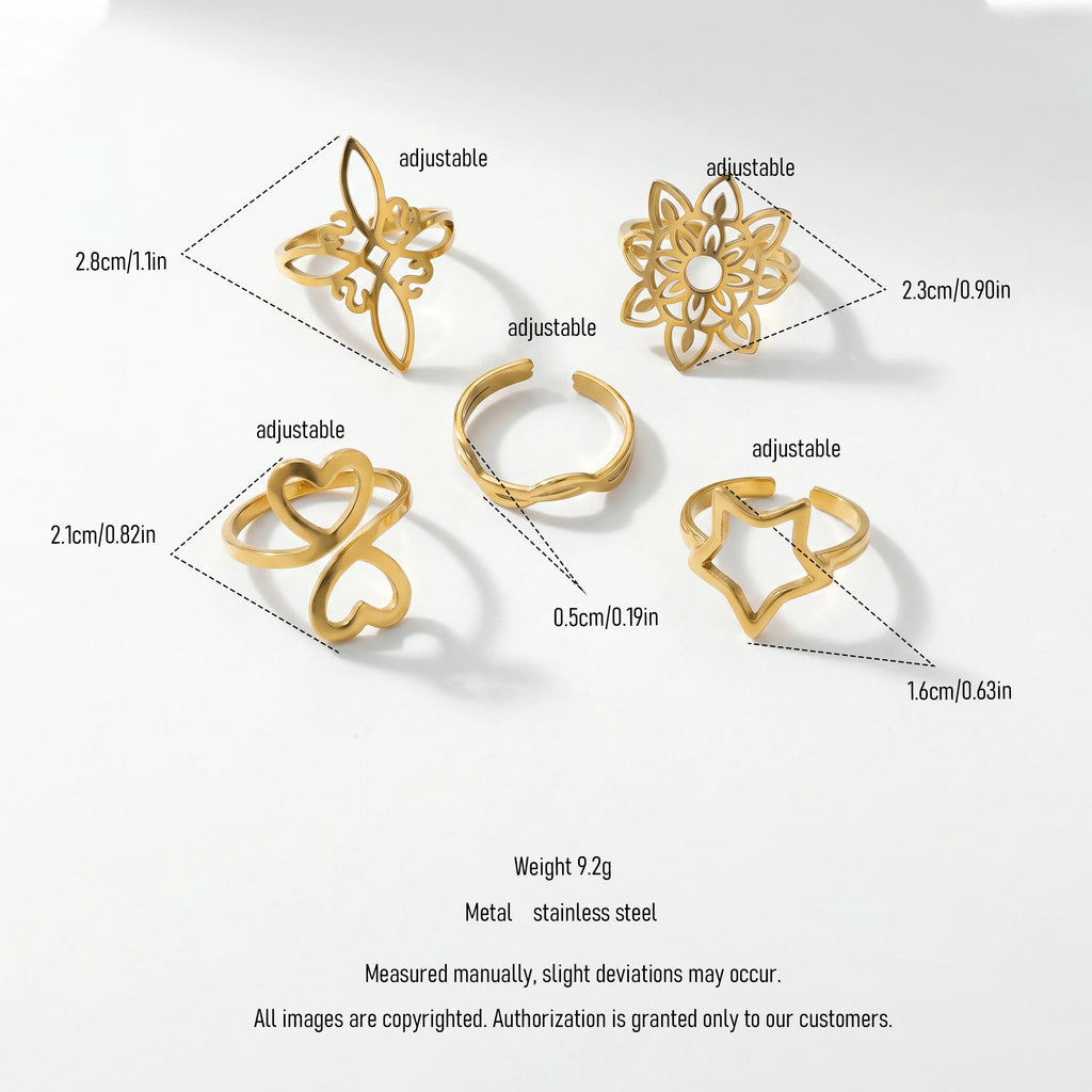 QIAOREN 5Pcs 18K Gold Plated Stainless Steel Open Ring Set, Adjustable Stackable Durable Finger Rings