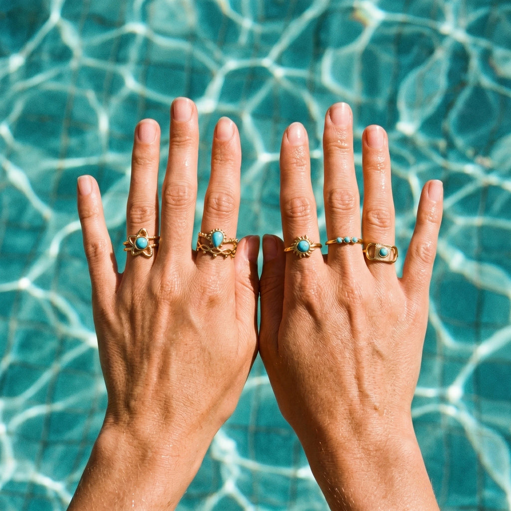 QIAOREN 5Pcs Gold Stainless Steel Turquoise Open Ring Set Irregular Hammered Crown Adjustable Boho Stackable Rings