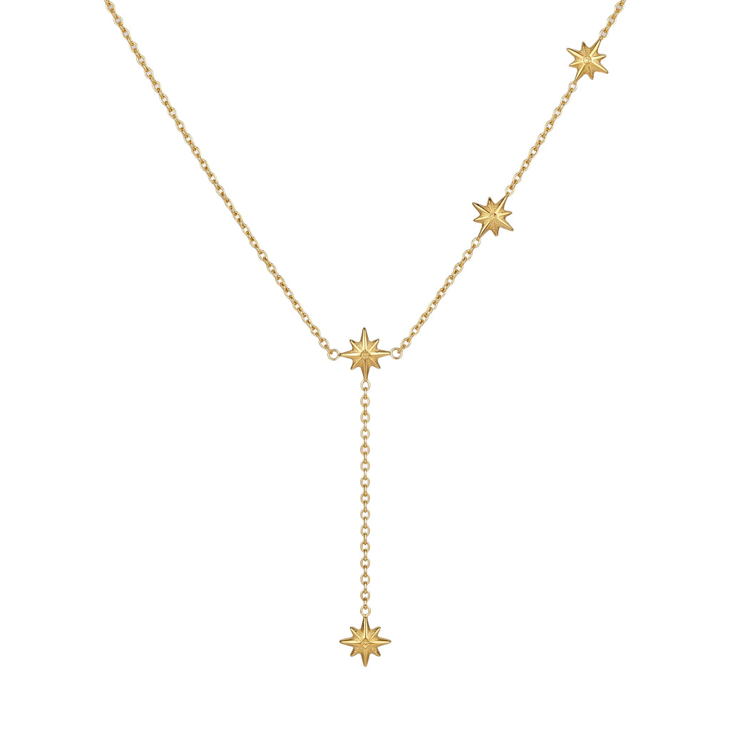 QIAOREN 11843 18K Gold Plated Stainless Steel Anti-Tarnish Hypoallergenic Multiple North Starburst Lariat Y-Chain Necklace