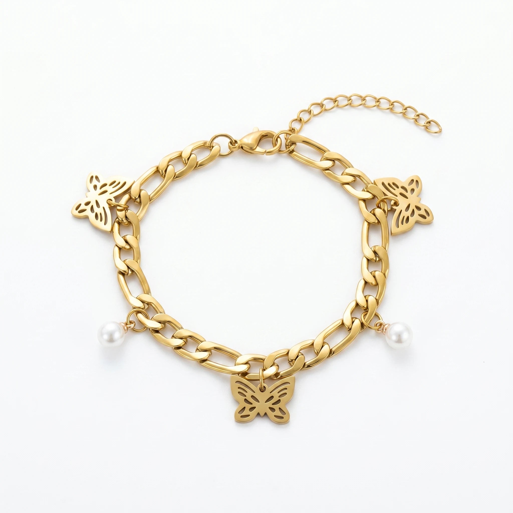 QIAOREN 11063 Trendy Butterfly Pearl Bracelet for Women Waterproof Stainless Steel Gold Cuban Link Chain Fashion Jewelry