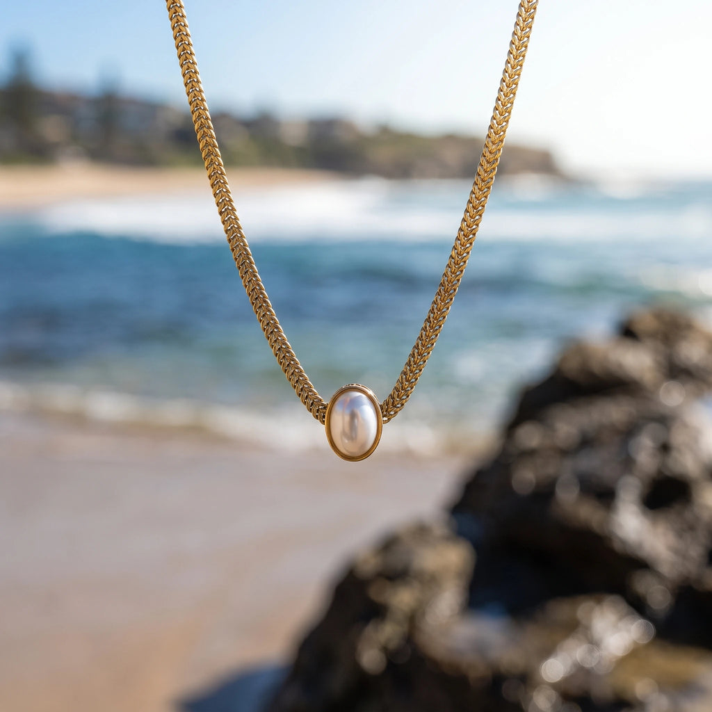 QIAOREN 13948 Stainless Steel Oval Pearl Pendant Wheat Chain Necklace Waterproof Hypoallergenic Jewelry for Women
