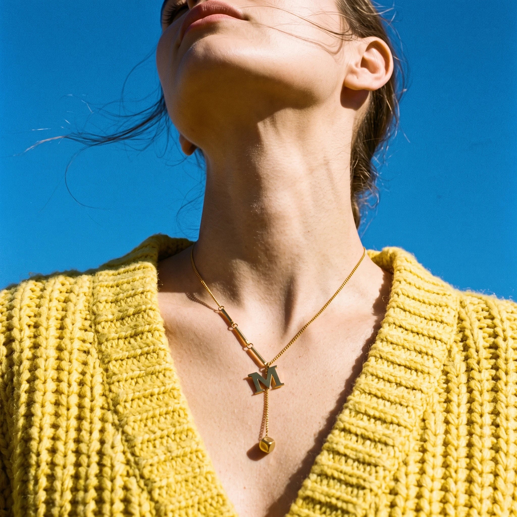 QIAOREN 13465 Personalized Letter M Y Drop Necklace with Square Cube Charm, Dainty Mixed Link Chain Initial Necklace