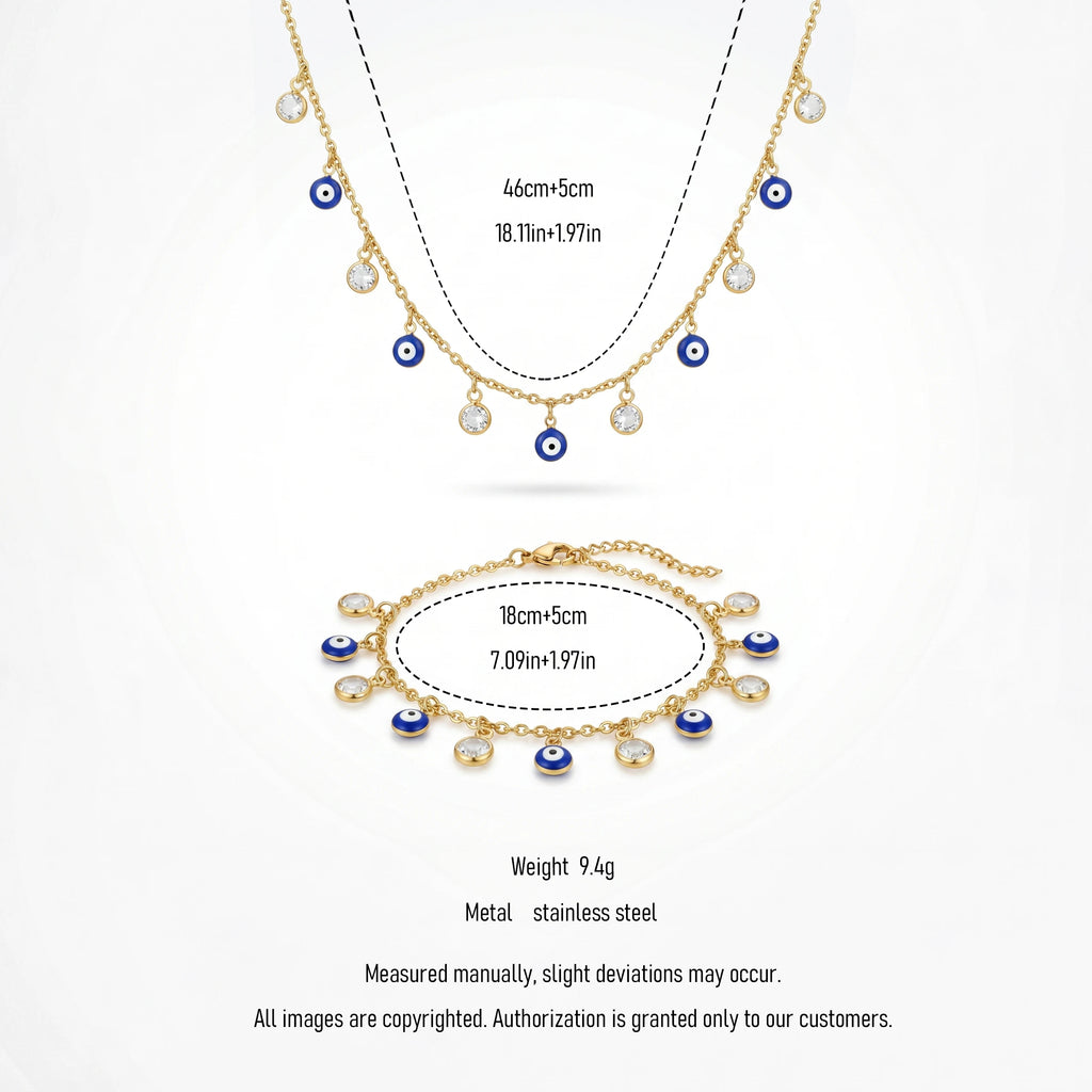 QIAOREN 12599 Dainty Blue Enamel  Jewelry Set Stainless Steel 18K Gold  Necklace Bracelet Hypoallergenic Lucky Amulet