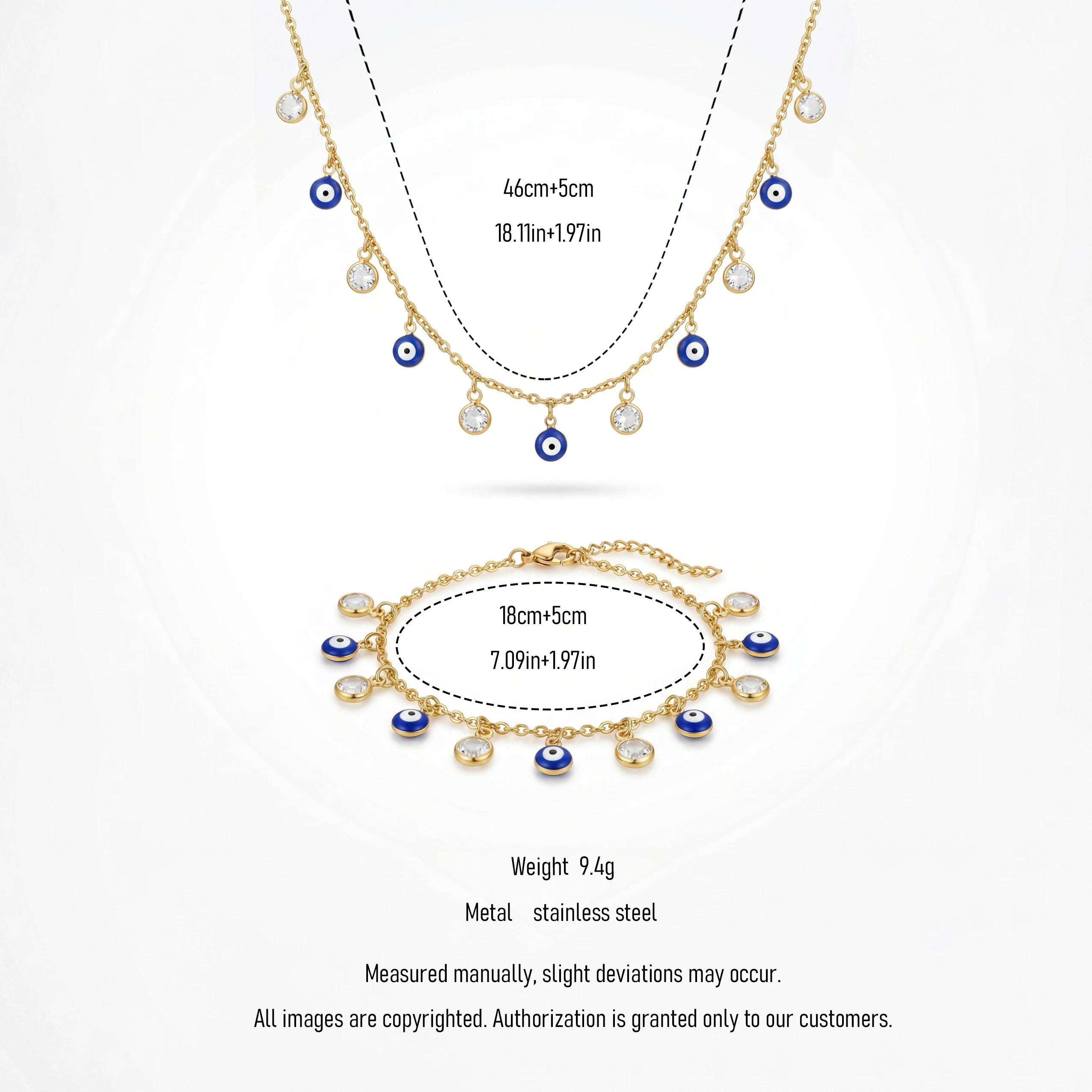 QIAOREN 12599 Dainty Blue Enamel  Jewelry Set Stainless Steel 18K Gold  Necklace Bracelet Hypoallergenic Lucky Amulet
