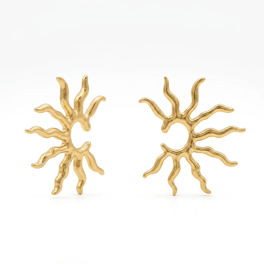 QIAOREN 10739 Stainless Steel Bohemian Sun Earrings, Gold/Silver Tone Sunburst Statement Studs for Women
