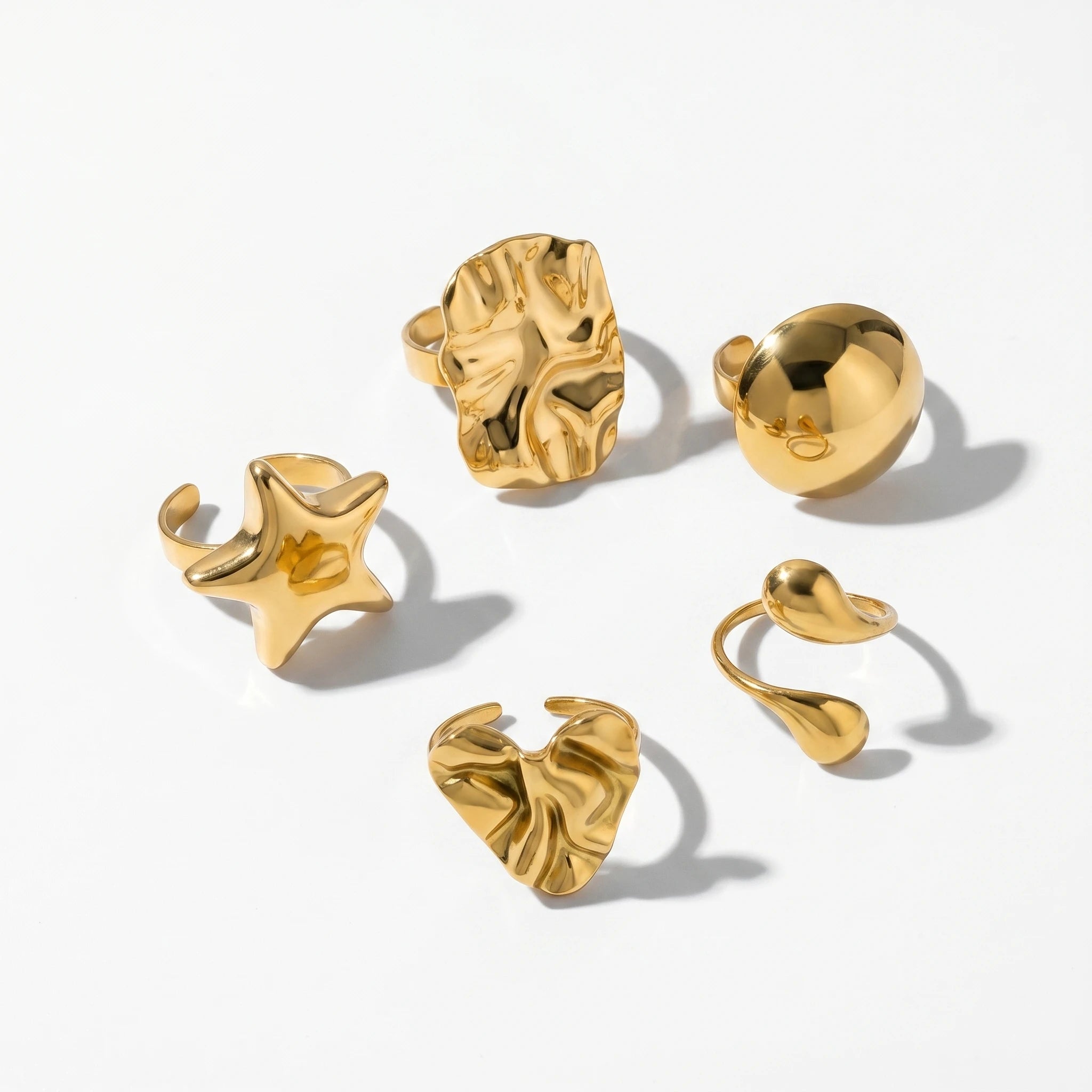 QIAOREN 13101-05 5Pcs 18K Gold Plated Stainless Steel Open Ring Set, Adjustable Stackable Durable Finger Rings