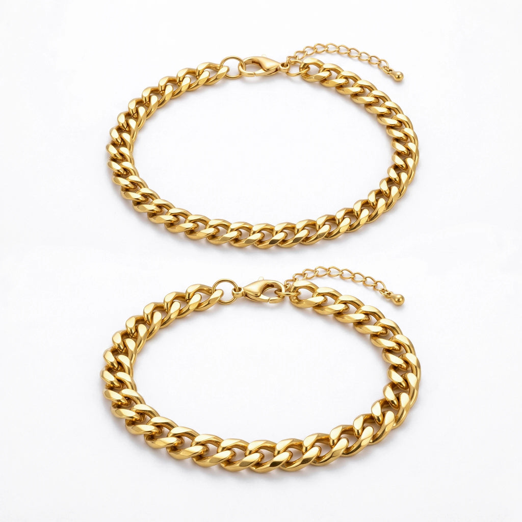 QIAOREN 10645 2PCS Classic Stainless Steel Cuban Link Bracelet Set Gold Plated Party Couple Bracelets for Men Women