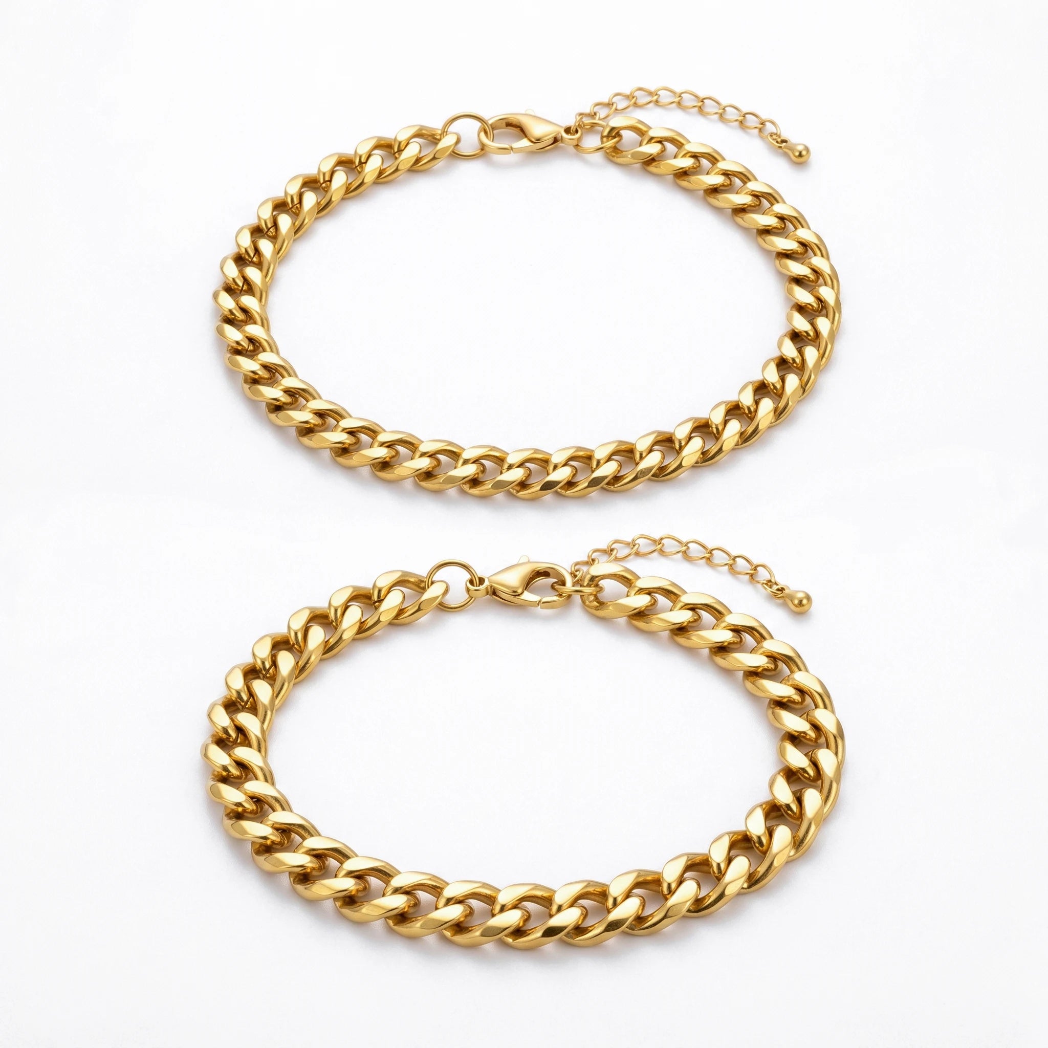 QIAOREN 10645 2PCS Classic Stainless Steel Cuban Link Bracelet Set Gold Plated Party Couple Bracelets for Men Women