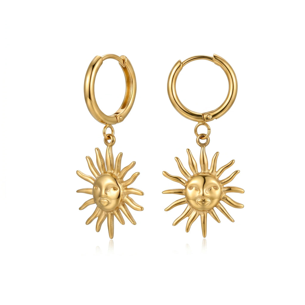 QIAOREN 10969 High Quality Sun Charm Drop Hoops, Stainless Steel 18K Gold Plated Tarnish Resistant Fashion Earrings