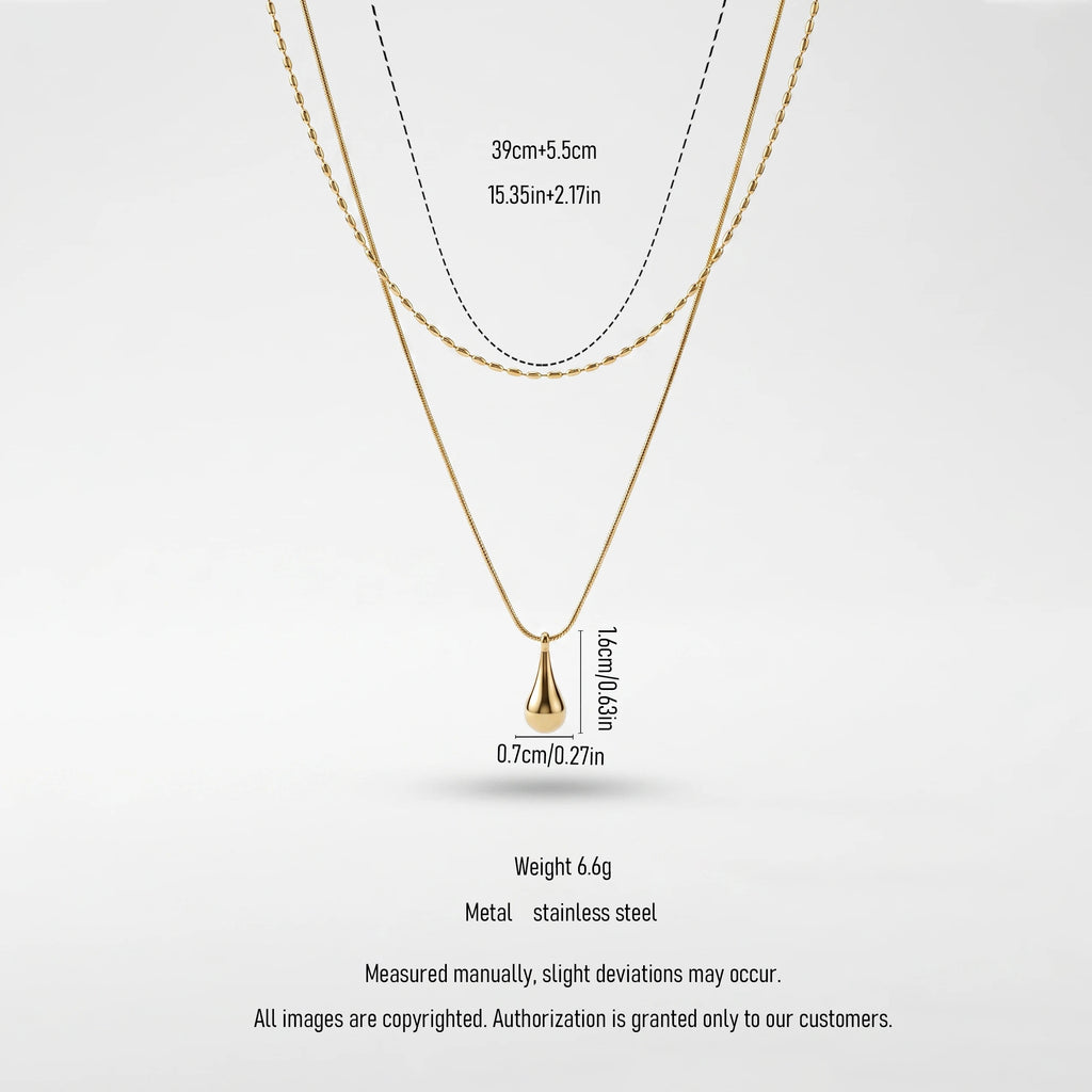 QIAOREN 13532 Double Layer Droplet Pendant Stack Necklace with Rice Bead & Thin Snake Chain, Smooth Teardrop Gold Charm