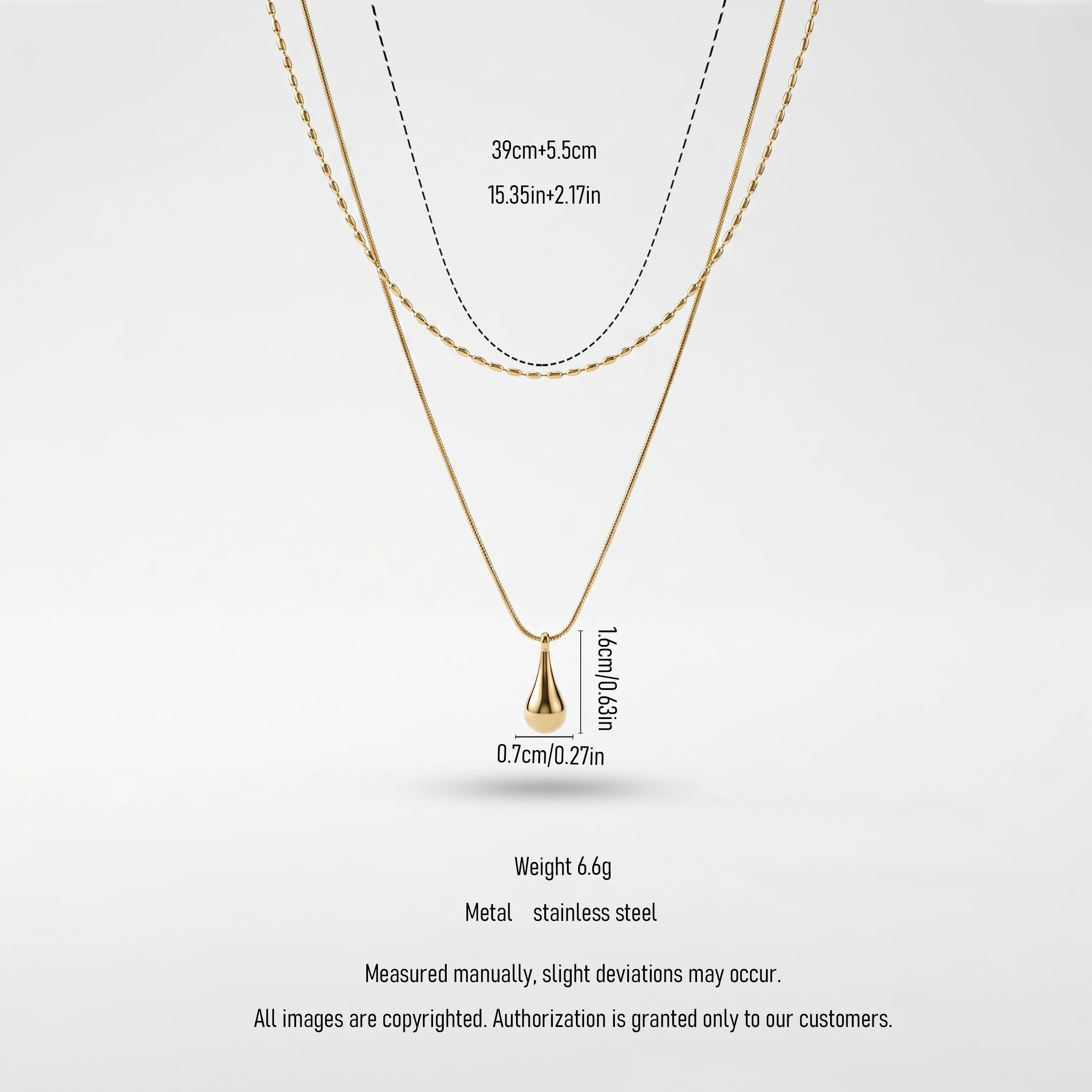 QIAOREN 13532 Double Layer Droplet Pendant Stack Necklace with Rice Bead & Thin Snake Chain, Smooth Teardrop Gold Charm