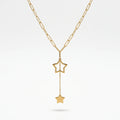 QIAOREN 13930 Paperclip Link Chain Lariat Y Drop Necklace with Hollow Open Star & Solid Flat Star Pendant