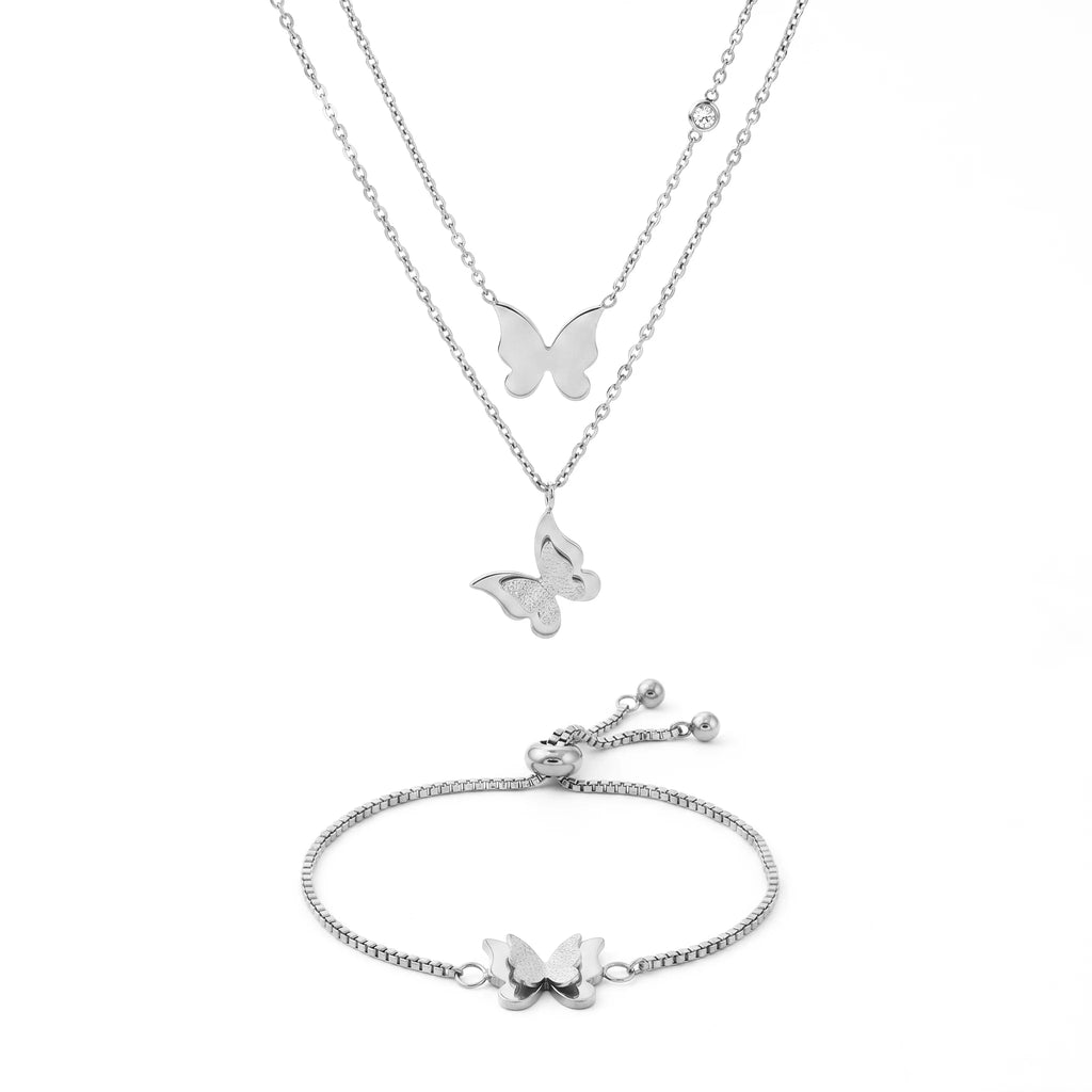 QIAOREN 11683 Tarnish Free 18K Gold Stainless Steel Trendy Quartz Butterfly Jewelry Set Layered Necklace Adjustable Bracelet