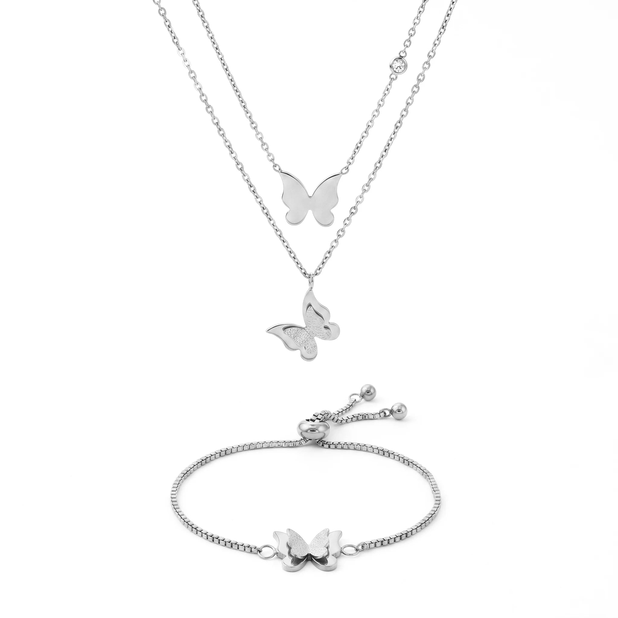QIAOREN 11683 Tarnish Free 18K Gold Stainless Steel Trendy Quartz Butterfly Jewelry Set Layered Necklace Adjustable Bracelet