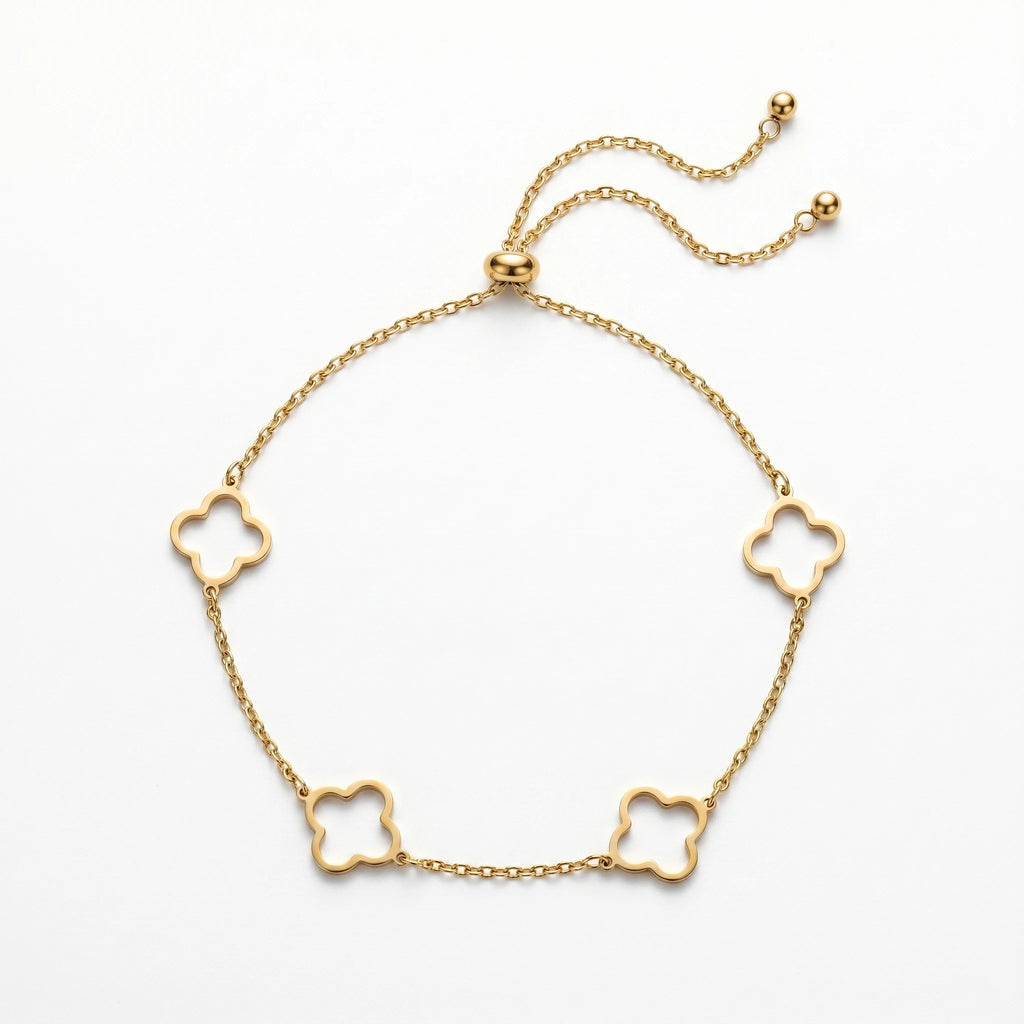 QIAOREN 11443 Tarnish Resistant Waterproof 18K Gold Plated Stainless Steel Hollow Clover Anklet