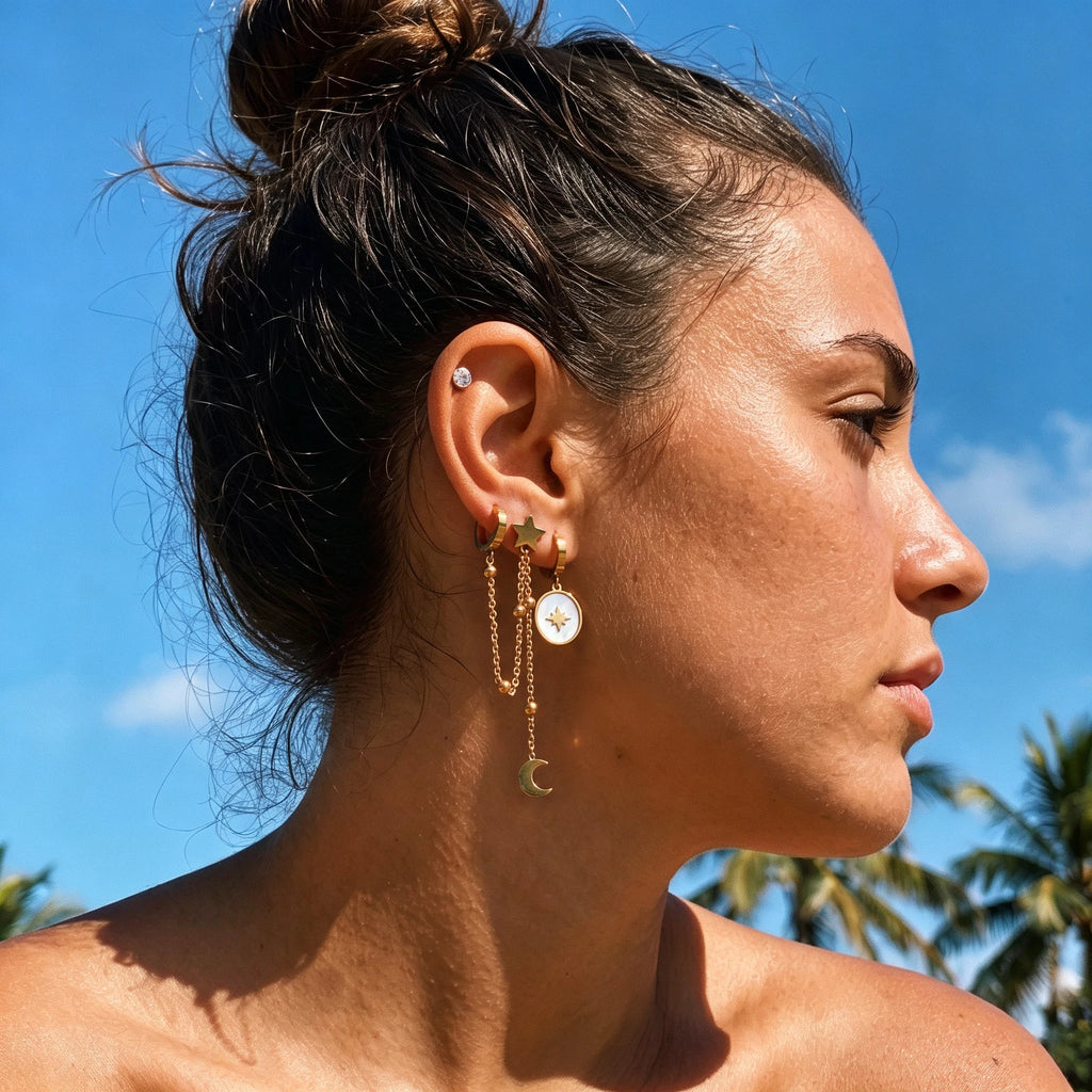 QIAOREN 14477 Stainless Steel Gold Moon Star Dangle Huggie Hoop Earrings Set, Shell Oval Star Pendant Tassel Chain Ear Jewelry