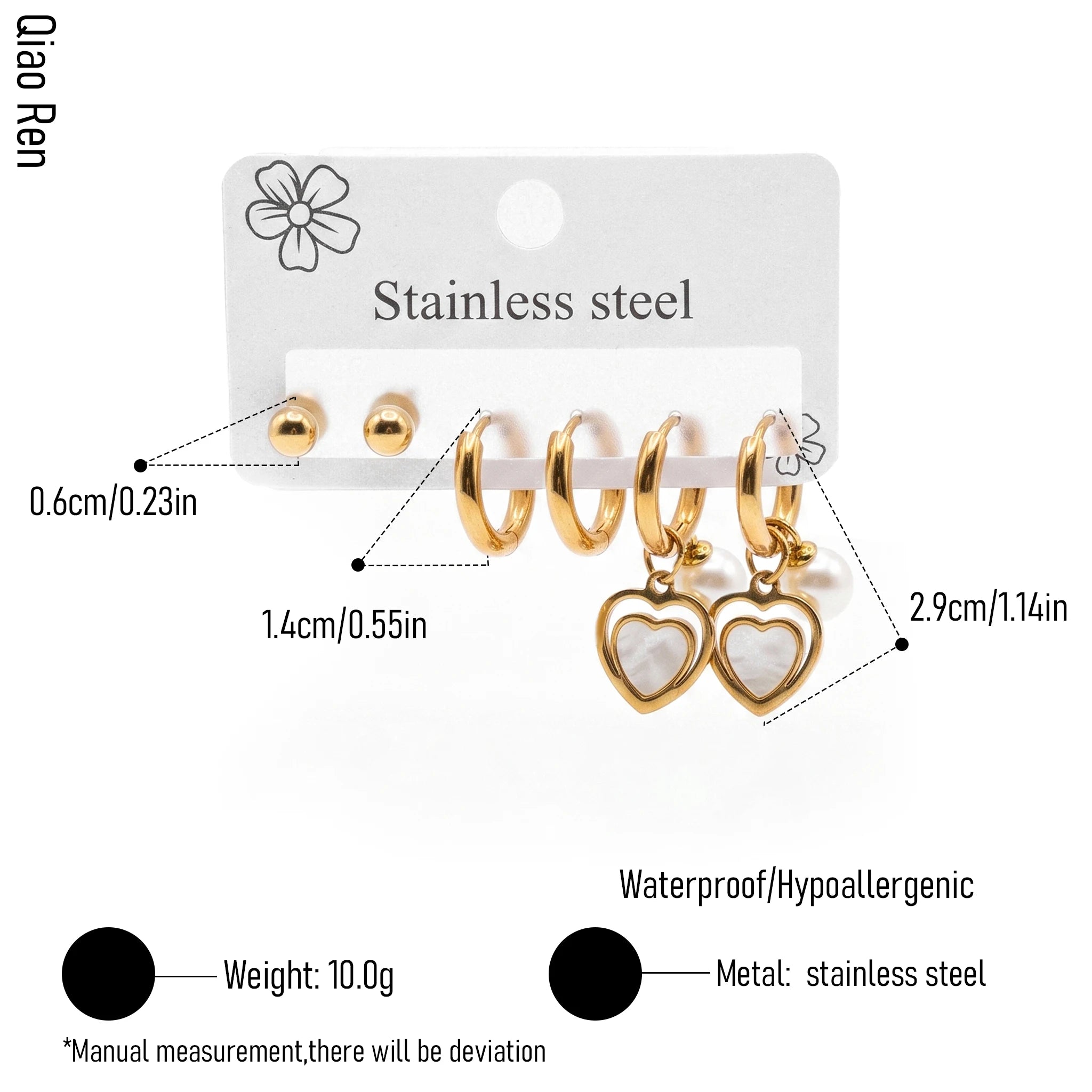 QIAOREN 14501 3 Pcs Stainless Steel Gold Ball Studs Plain Double Layer Quartz Heart Pearl Dangle Earrings Multi Pack Gift