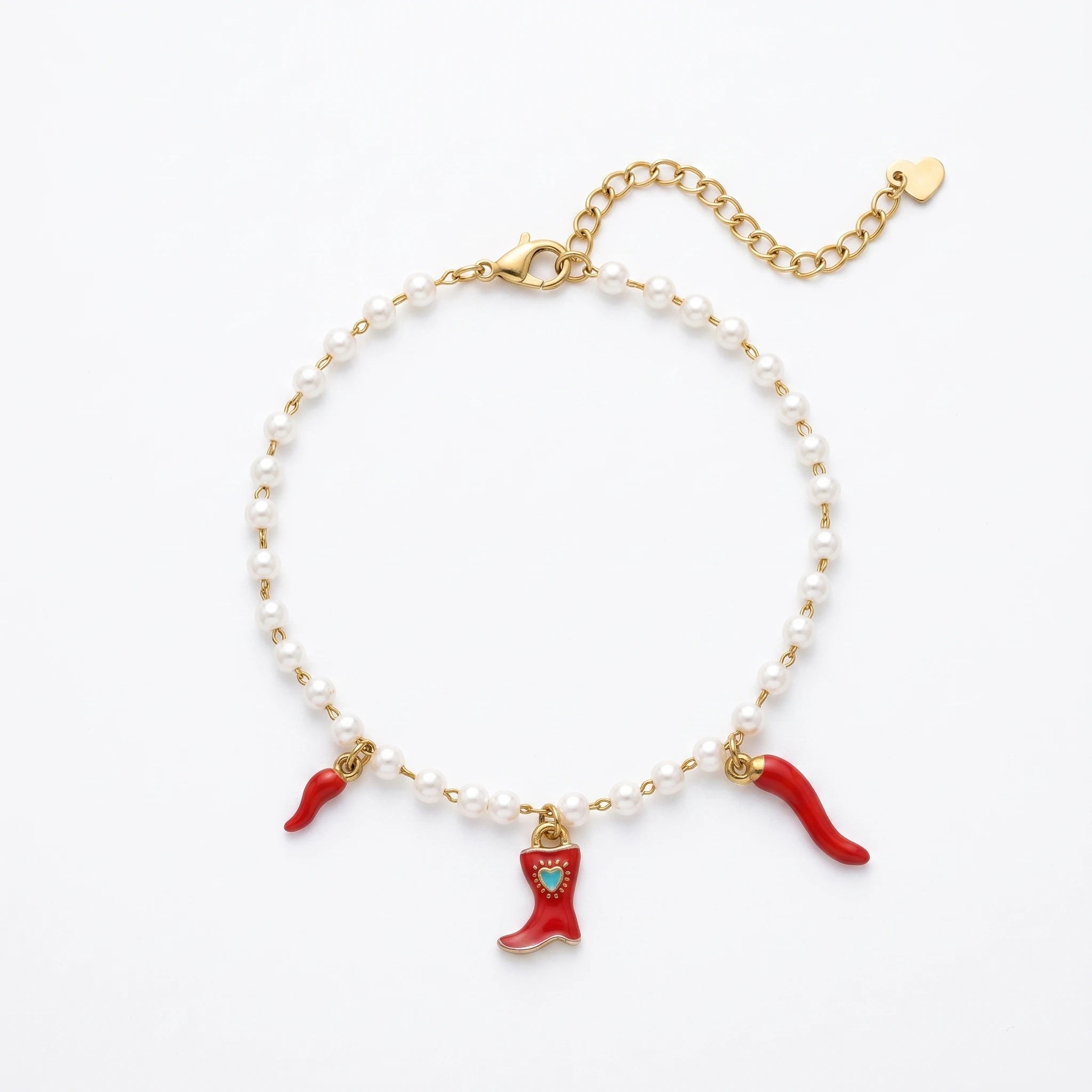 QIAOREN 13329 Western Pearl Anklet with Red Chili & Cowboy Boot Charms, Retro Country Foot Jewelry Gift for Trendy Daily Outfits