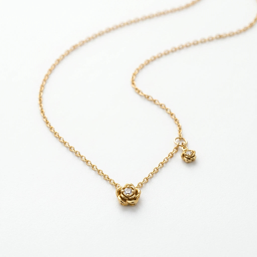 QIAOREN 13724 Thin Cable Chain Necklace with Two Hollow Layered Flower Charms Inlaid Single Round Clear Zircon Jewelry