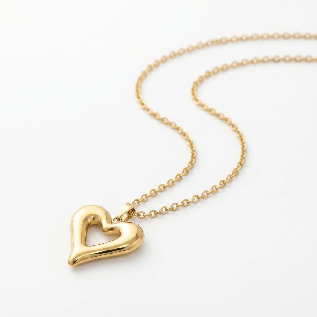QIAOREN 12894 18K Gold Plated Puffy Heart Necklace, 3D Open Heart Pendant, Waterproof Tarnish Free Stainless Steel Jewelry Women