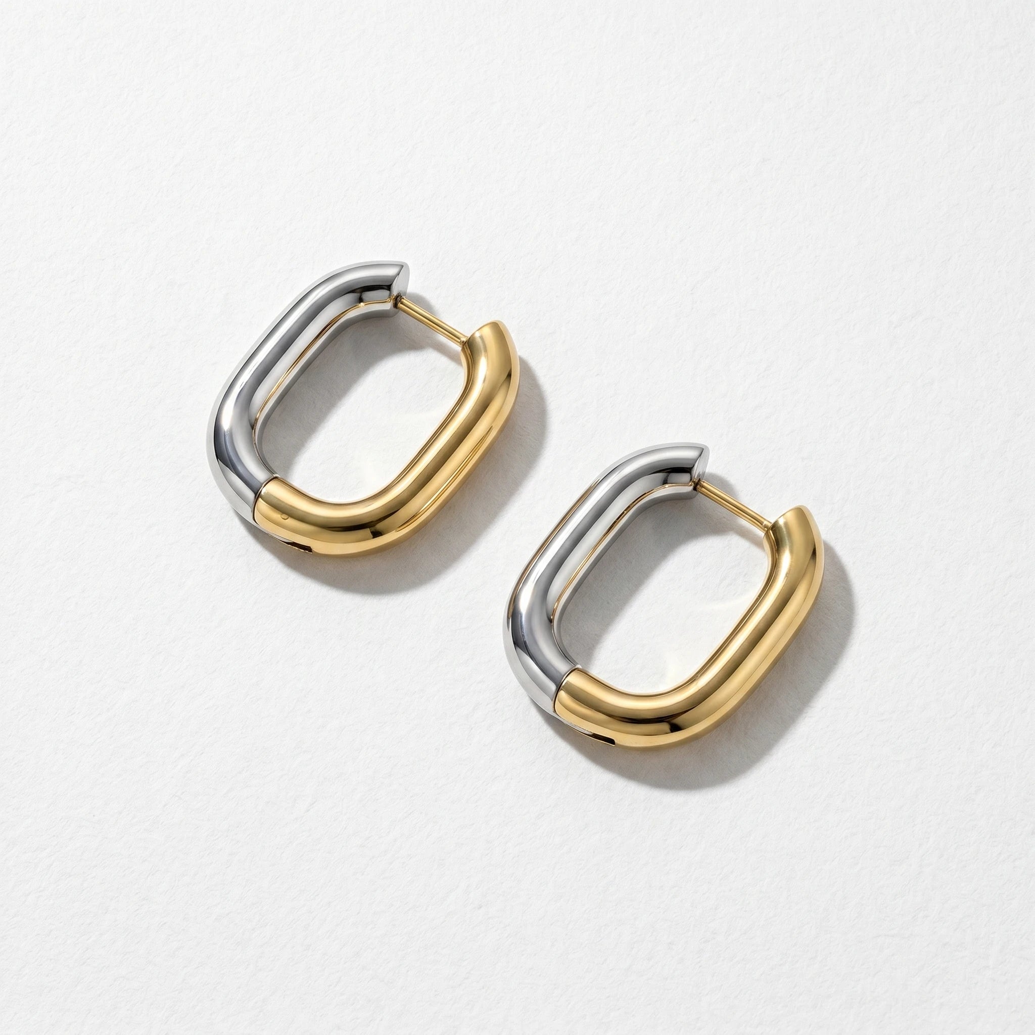 QIAOREN 12451 Niche Mixed Metal Two Color U Shape Hoop Earrings Stainless Steel PVD Plated No Fade Glossy Chunky Ear Rings Gift