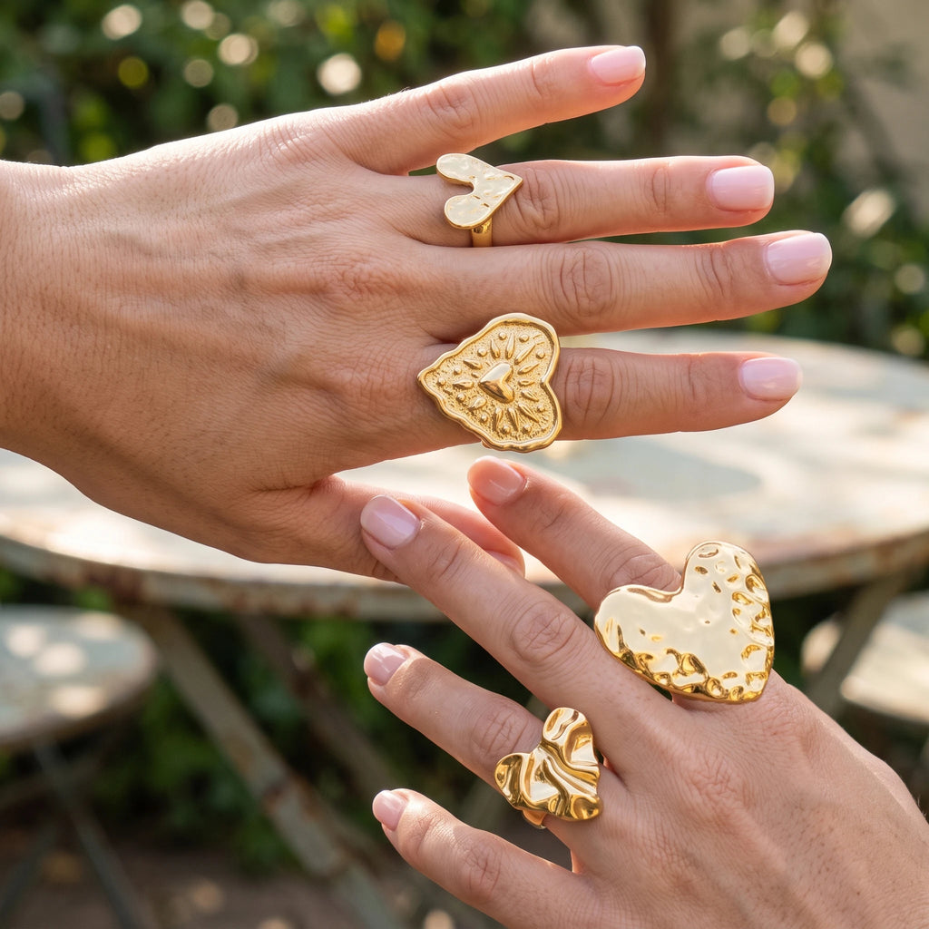 QIAOREN 14279-83 Vintage Hammered Heart Open Cuff Ring Set, Adjustable Stackable Stainless Steel Statement Rings