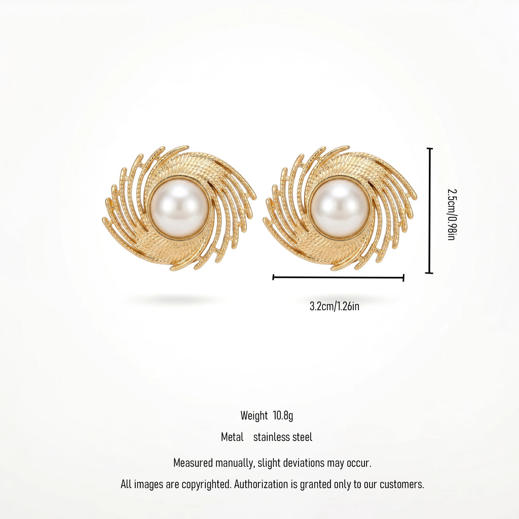 QIAOREN 12261 Elegant Baroque Pearl Galaxy Swirl Earrings Gold Stainless Steel Etched Openwork Studs Statement Jewelry Gift EU