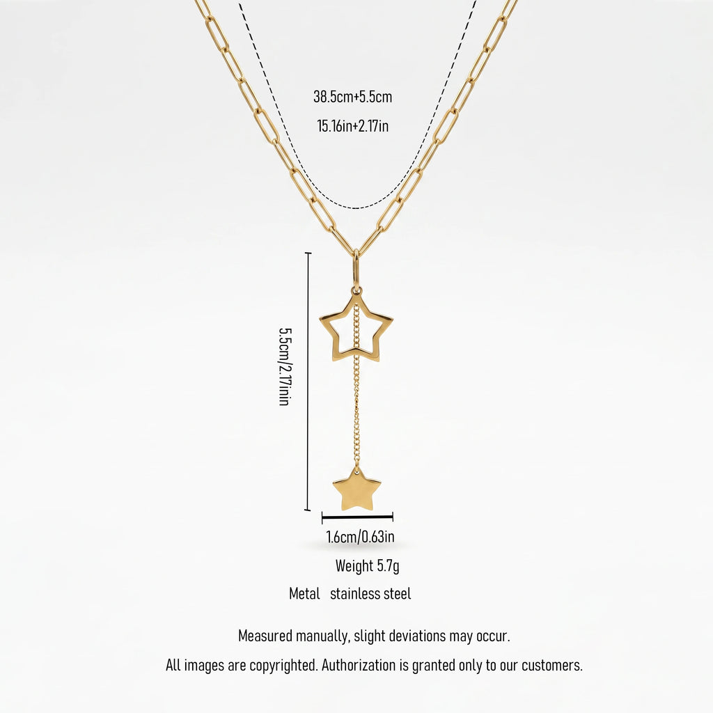 QIAOREN 13930 Paperclip Link Chain Lariat Y Drop Necklace with Hollow Open Star & Solid Flat Star Pendant