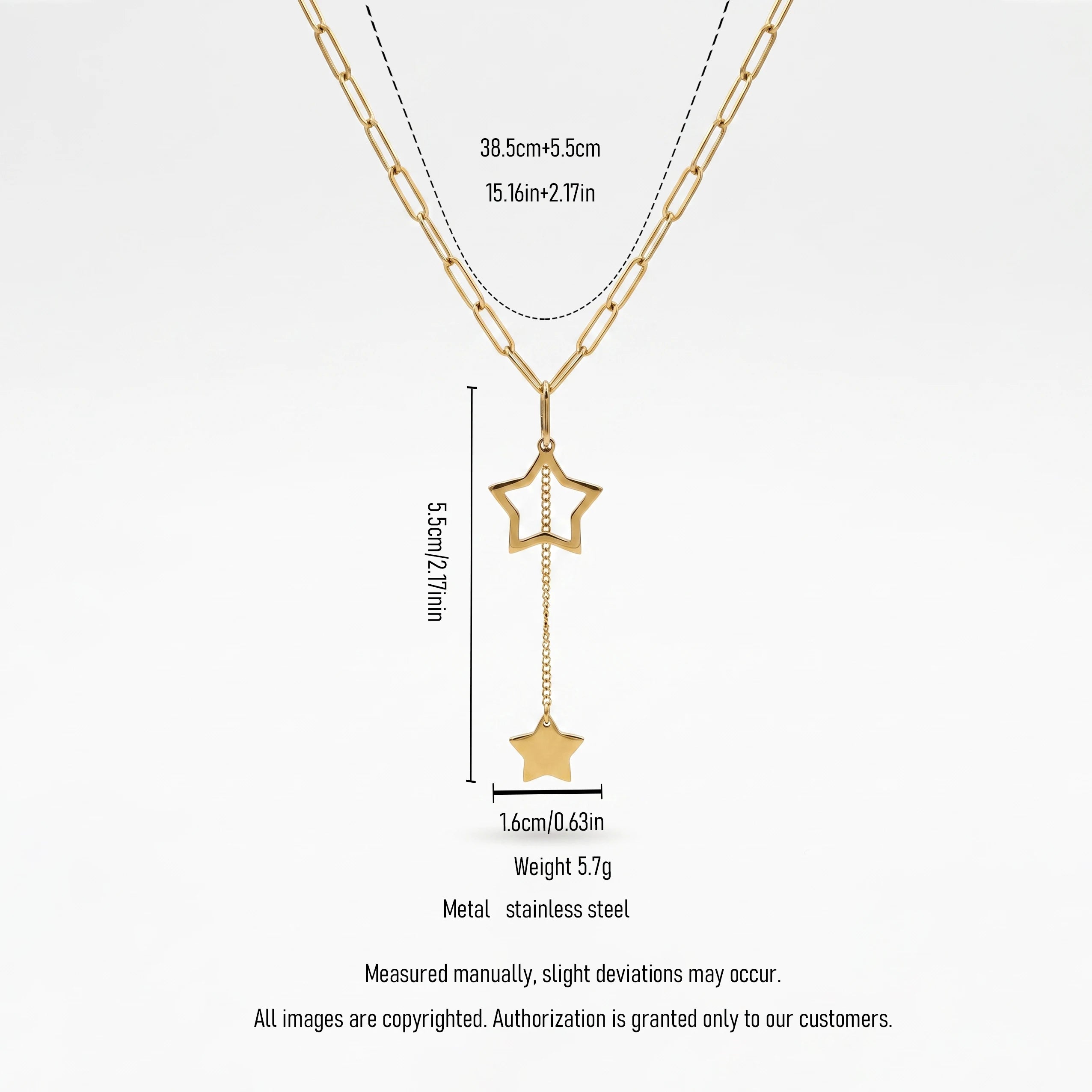 QIAOREN 13930 Paperclip Link Chain Lariat Y Drop Necklace with Hollow Open Star & Solid Flat Star Pendant
