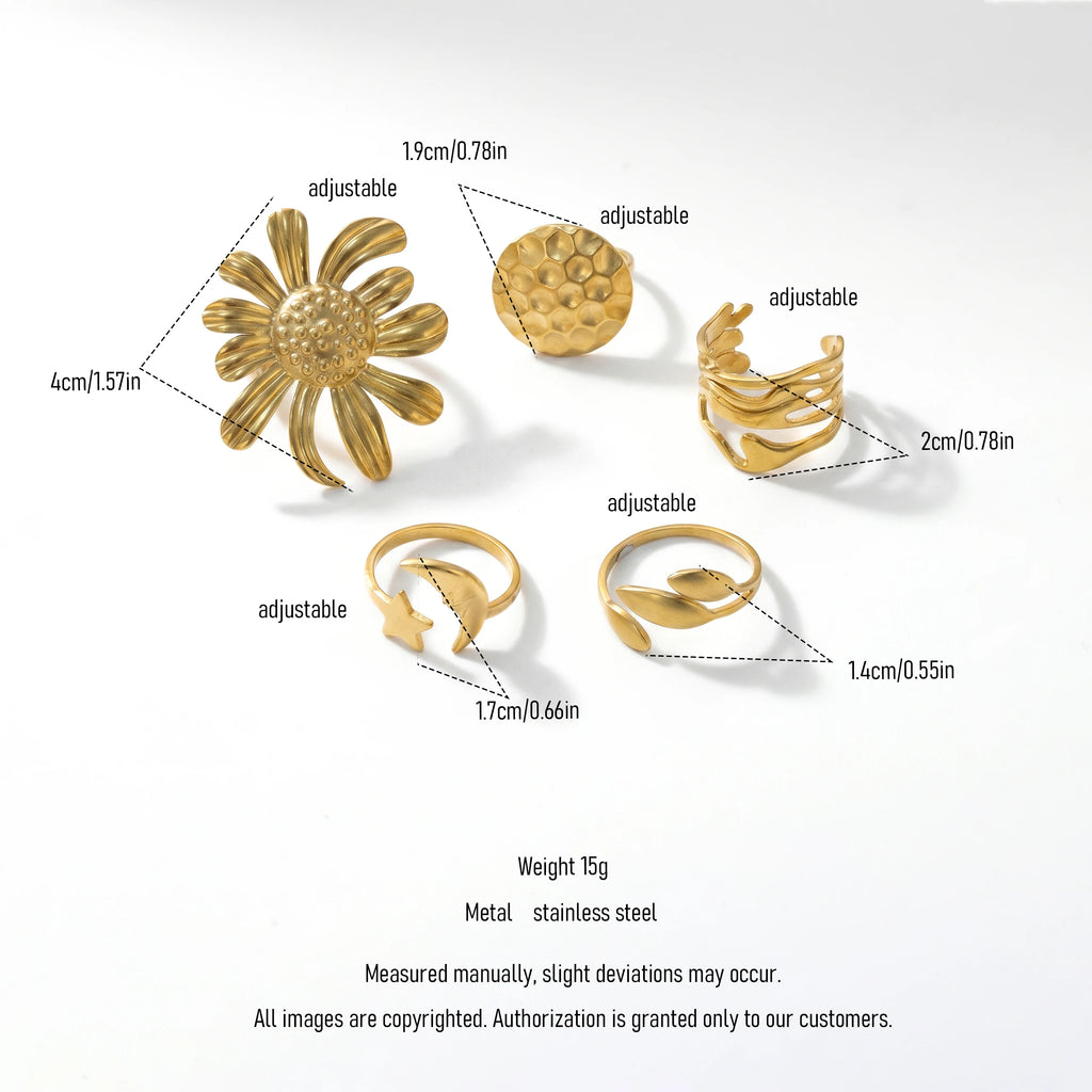 QIAOREN 13121-25 5Pcs 18K Gold Plated Stainless Steel Open Ring Set, Adjustable Stackable Durable Finger Rings