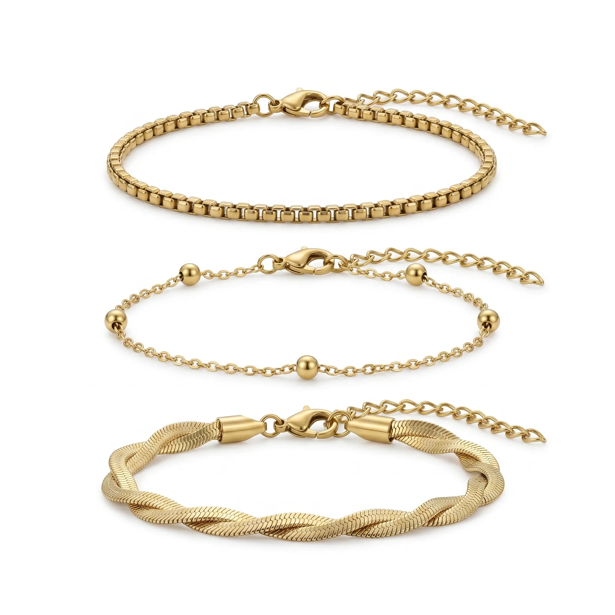 QIAOREN 11529 18K Gold Plated 3Pcs Twist Braided Box Chain Bracelet Set Stainless Steel Tarnish Free