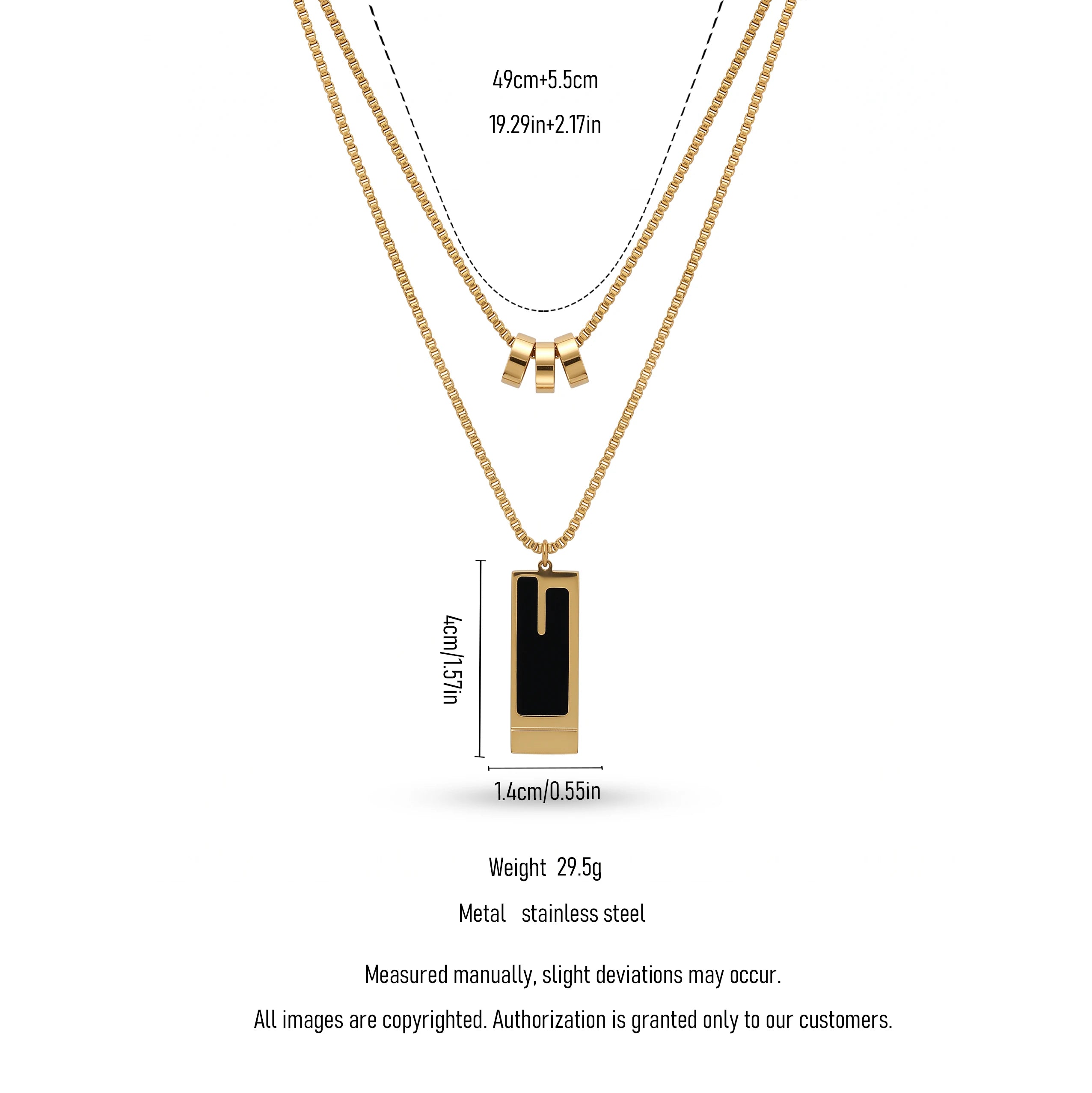 QIAOREN 13990 Double Layer Box Chain Stacked Necklace with Three Tube Beads and Rectangular Bar Pendant Inlaid Black Enamel