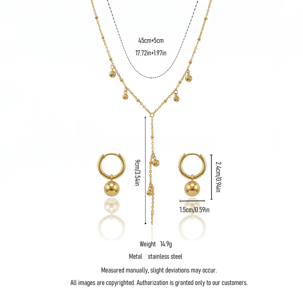 QIAOREN 11692 Tarnish Free 18K Gold Stainless Steel Ball Charm Jewelry Set Y Lariat Necklace & Hoop Earrings