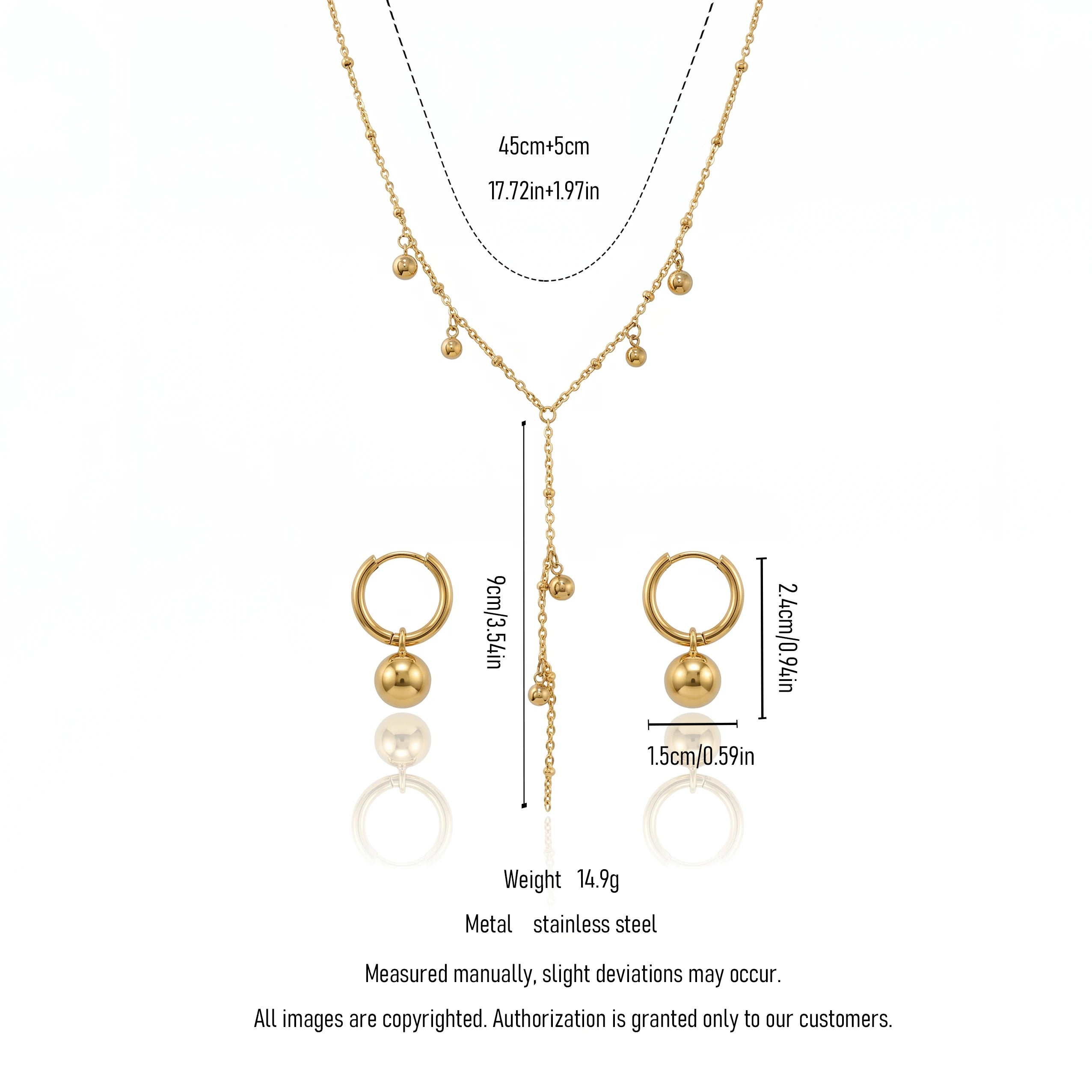 QIAOREN 11692 Tarnish Free 18K Gold Stainless Steel Ball Charm Jewelry Set Y Lariat Necklace & Hoop Earrings