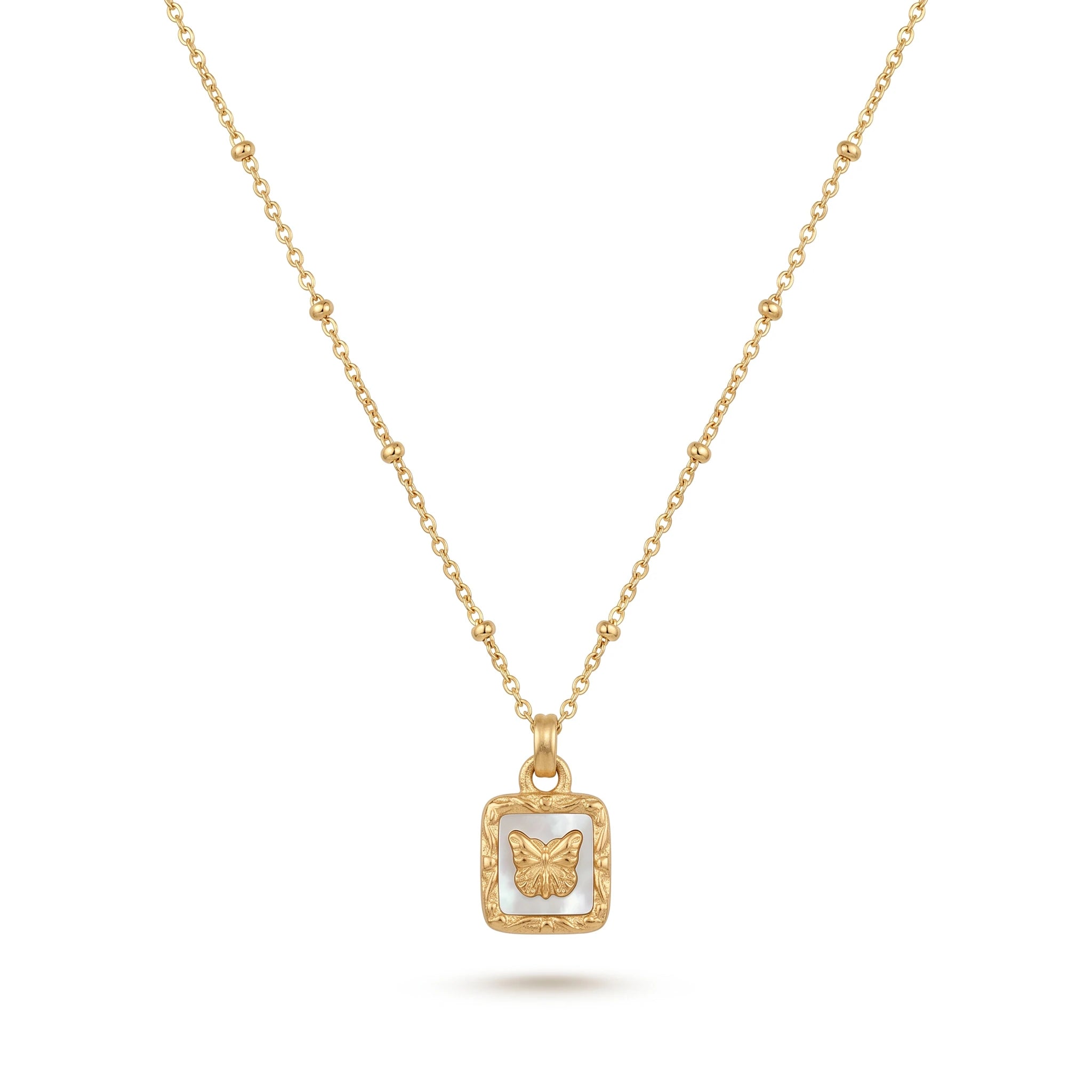 QIAOREN 13478 Vintage Square White Shell Butterfly Pendant Necklace with Beaded Ball Chain, Dainty Gold Neck Jewelry Gift