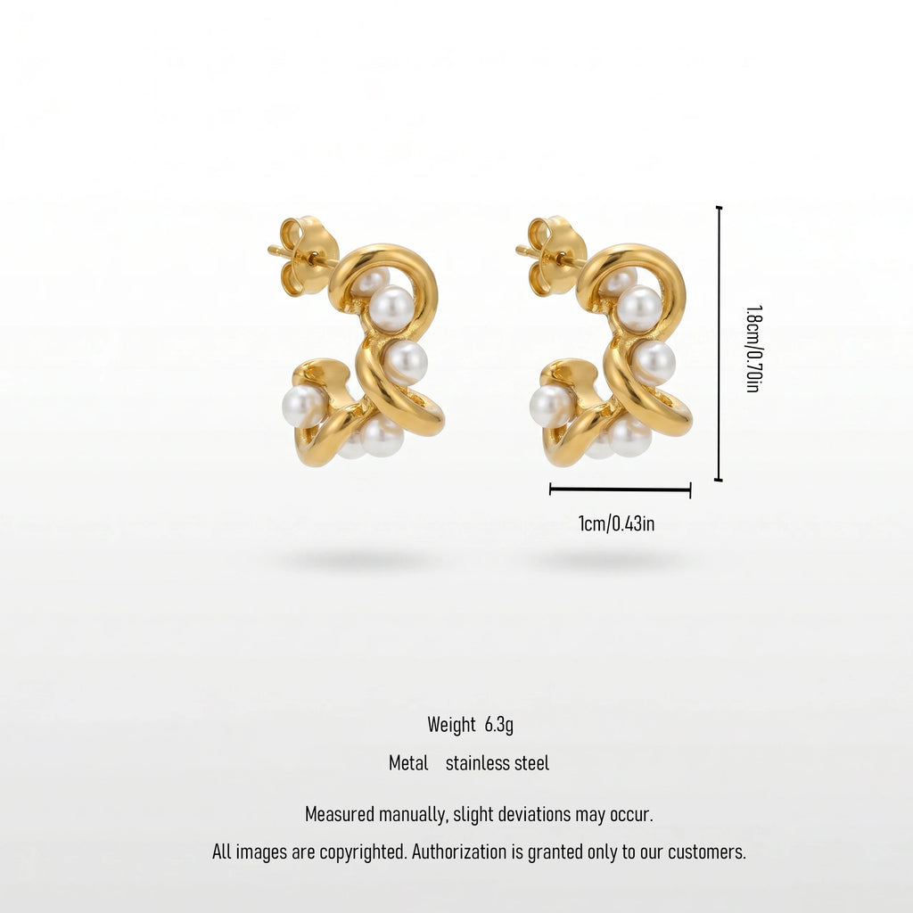 QIAOREN 12513  Twisted Pearl Hoop Earrings Gold Stainless Steel Spiral Entwined C Studs Statement Jewelry Women US