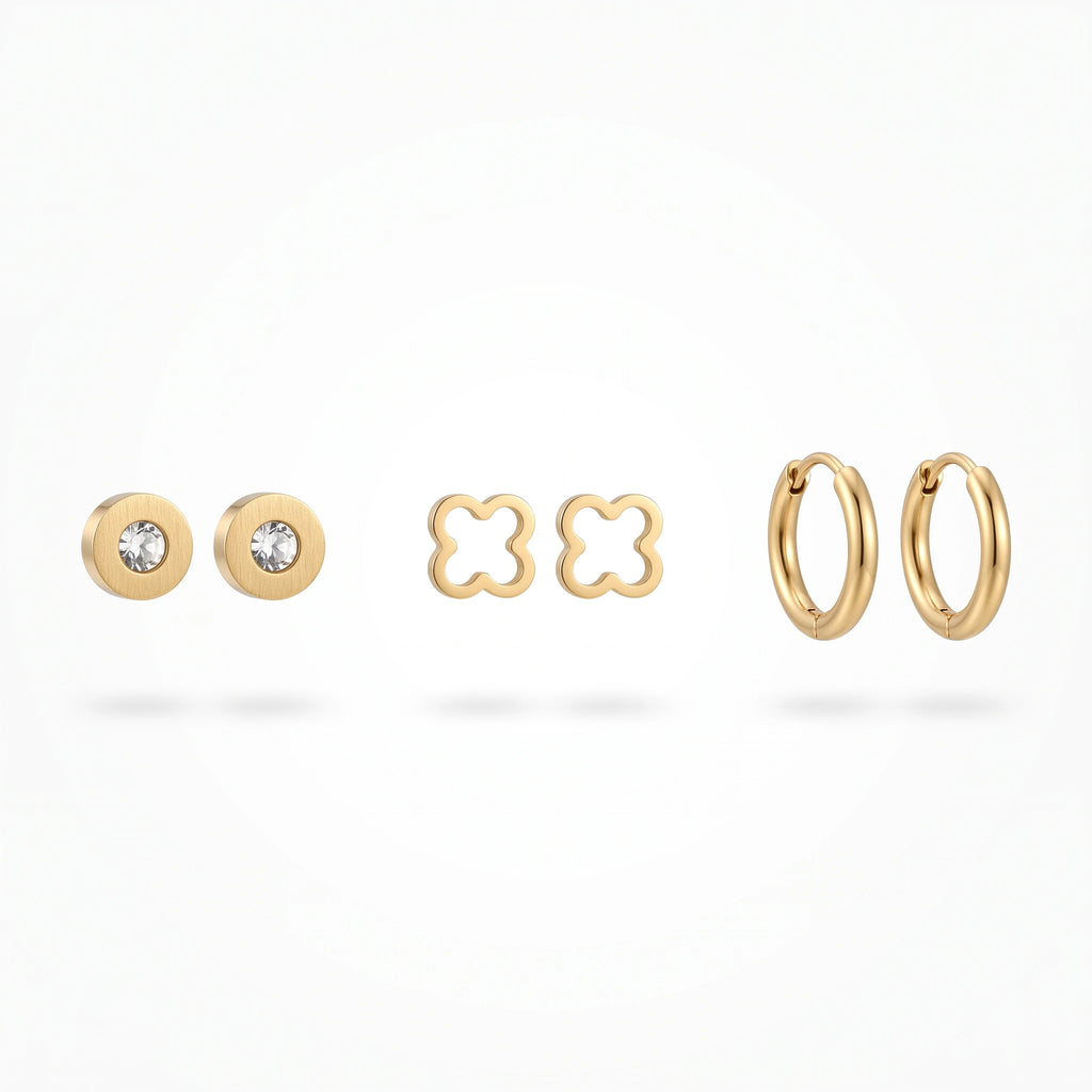 QIAOREN 14452 3 Pair Gold Stainless Steel Stud & Hoop Earrings, CZ, Quartz Clover, Gold Hoops for Daily Fashion