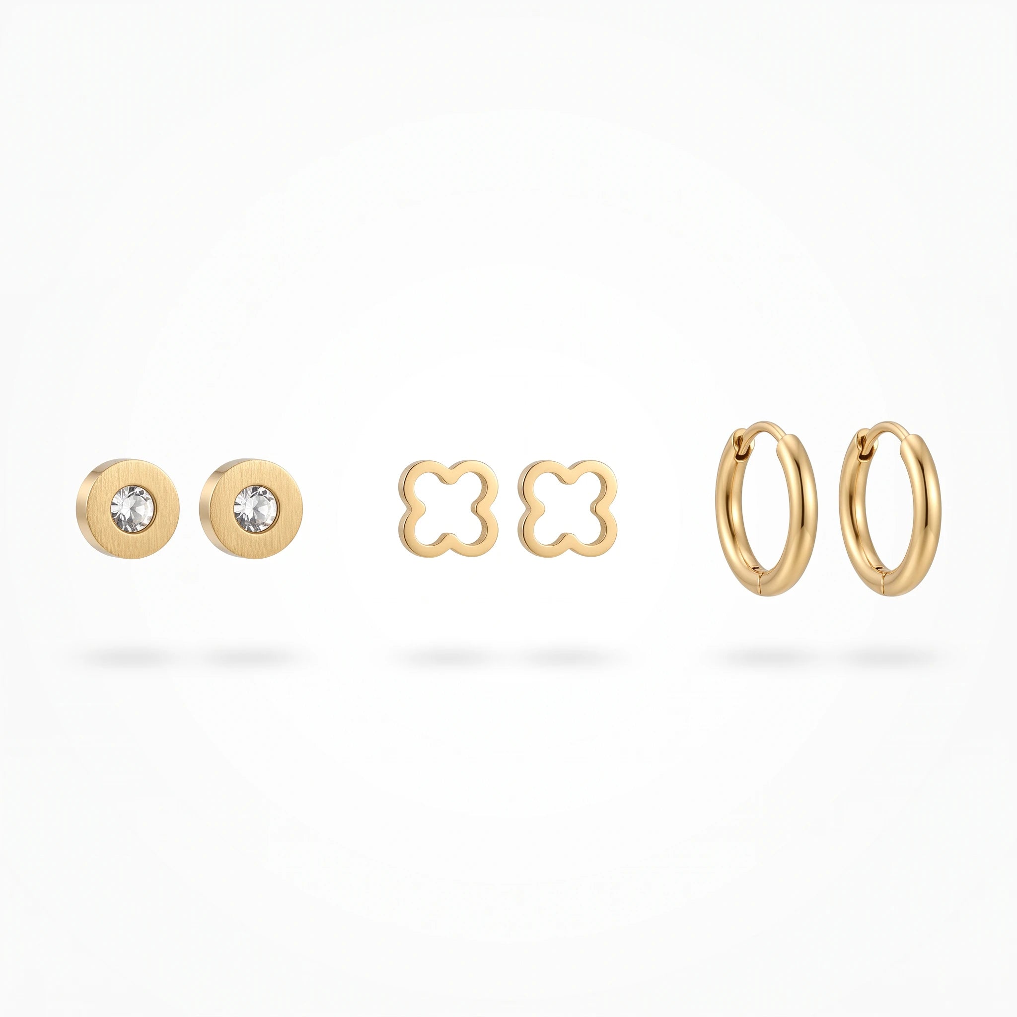 QIAOREN 14452 3 Pair Gold Stainless Steel Stud & Hoop Earrings, CZ, Quartz Clover, Gold Hoops for Daily Fashion