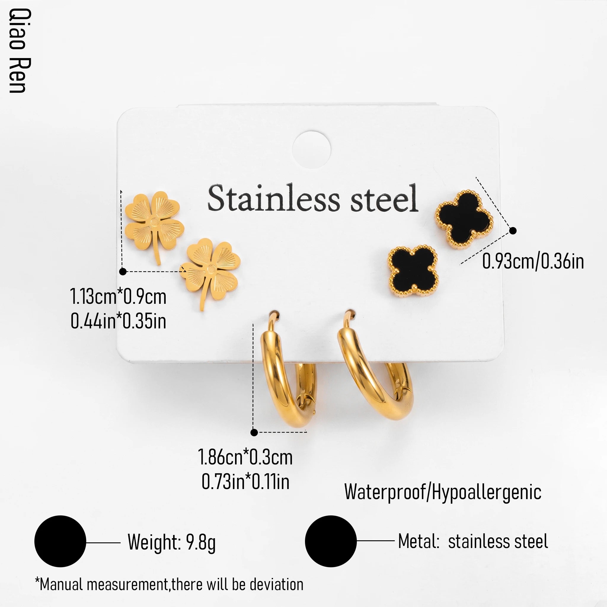 QIAOREN 14462 3 Pair Gold Stainless Steel Earrings Set, Textured Clover Studs, Black Enamel Clover Studs & Chunky Earrings