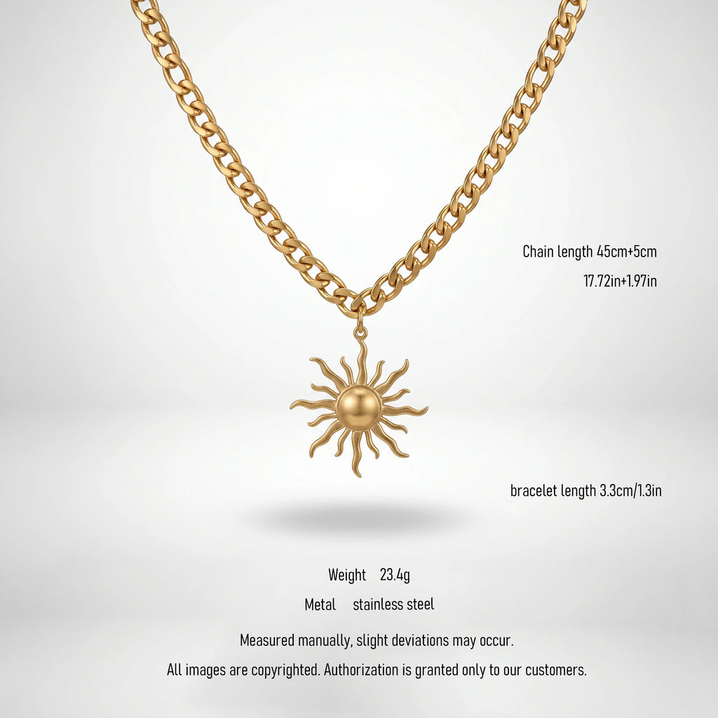 QIAOREN 10857 Waterproof Stainless Steel Trendy Sun Charm Necklace Gold Plated Link Chain Party Statement Jewelry