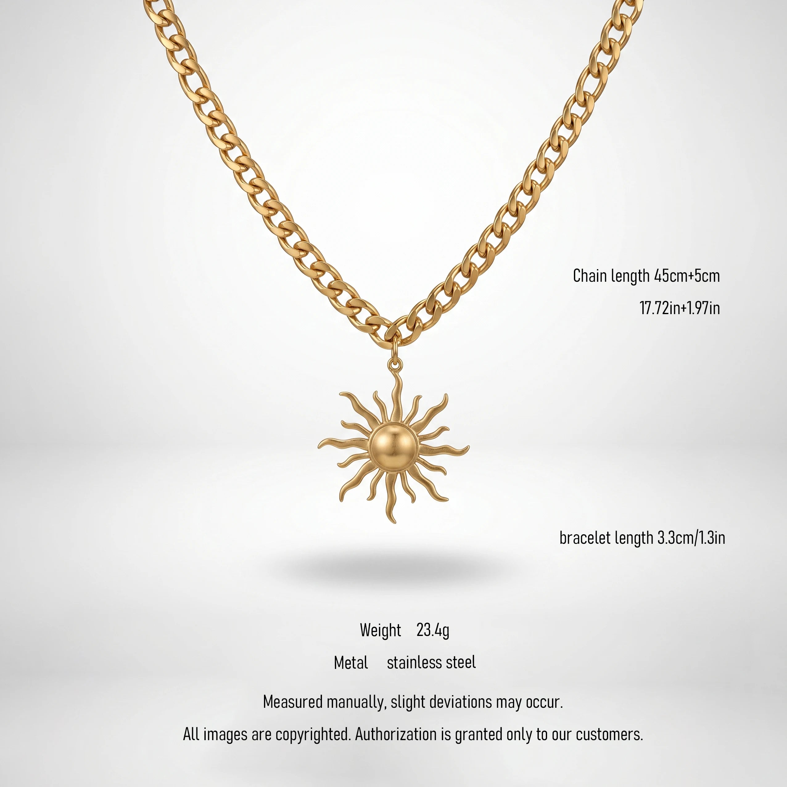 QIAOREN 10857 Waterproof Stainless Steel Trendy Sun Charm Necklace Gold Plated Link Chain Party Statement Jewelry