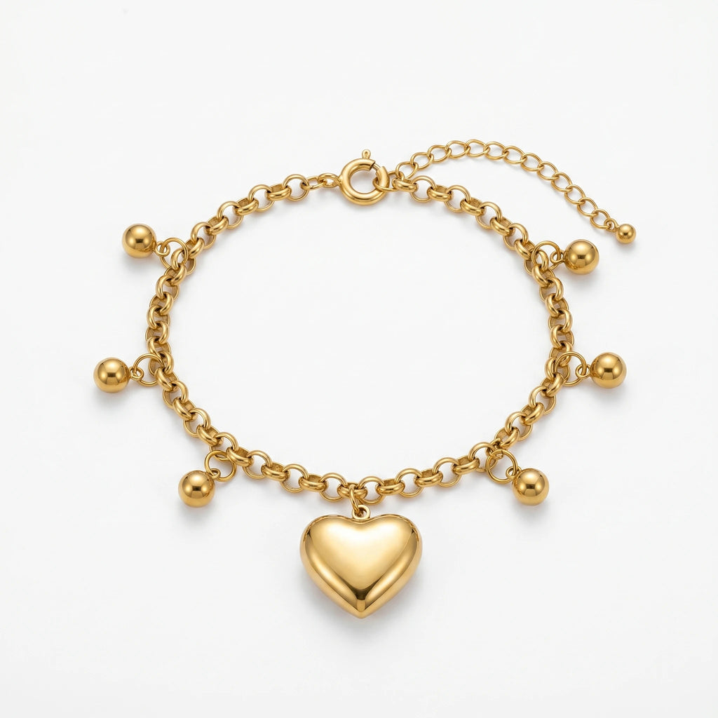 QIAOREN 11428 Rust Proof Waterproof 18K Gold Plated Stainless Steel Puffy Heart Ball Charm Bracelet
