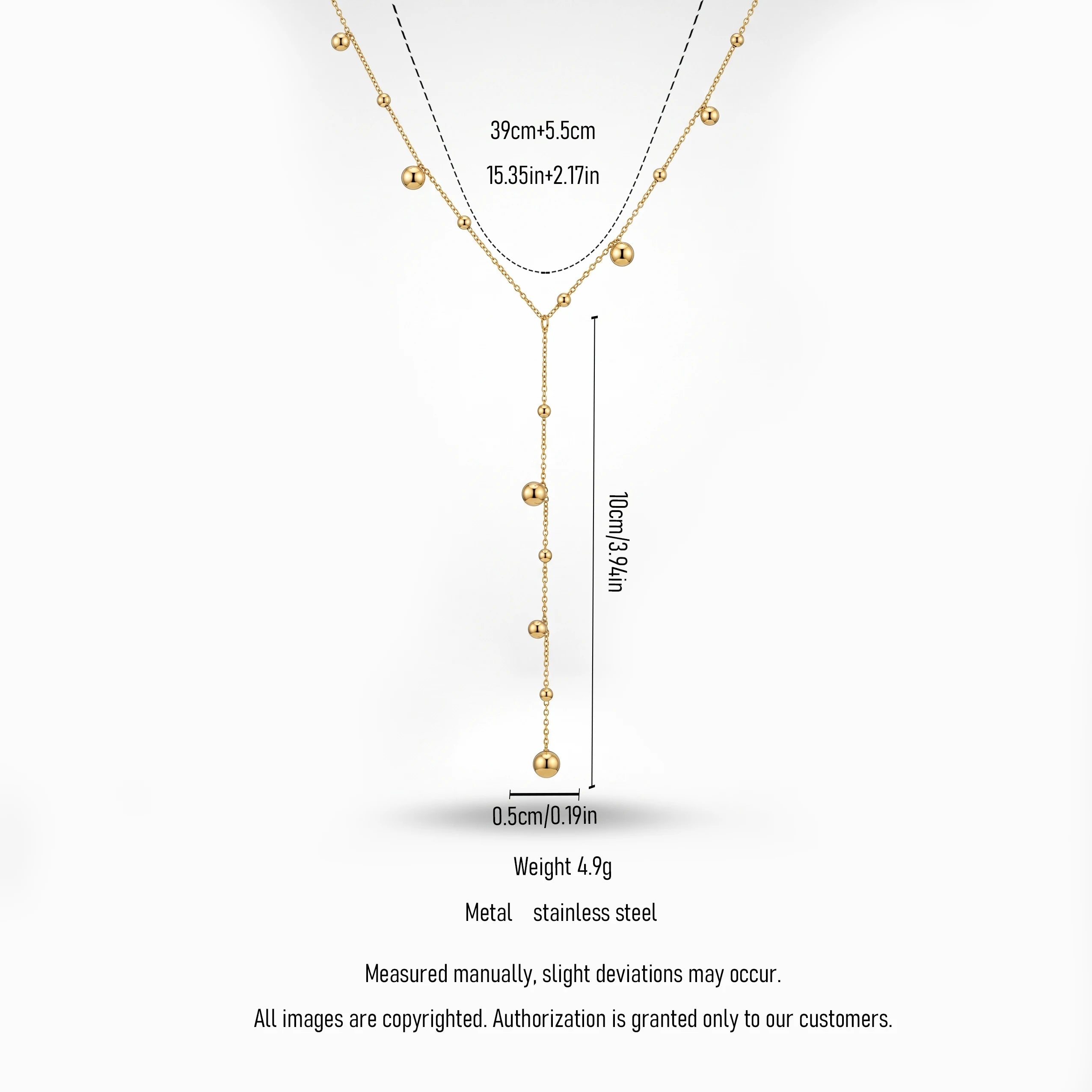 QIAOREN 13506 Minimalist Y Drop Beaded Ball Station Necklace, Multi Size Smooth Gold Spherical Charms Thin Cable Chain