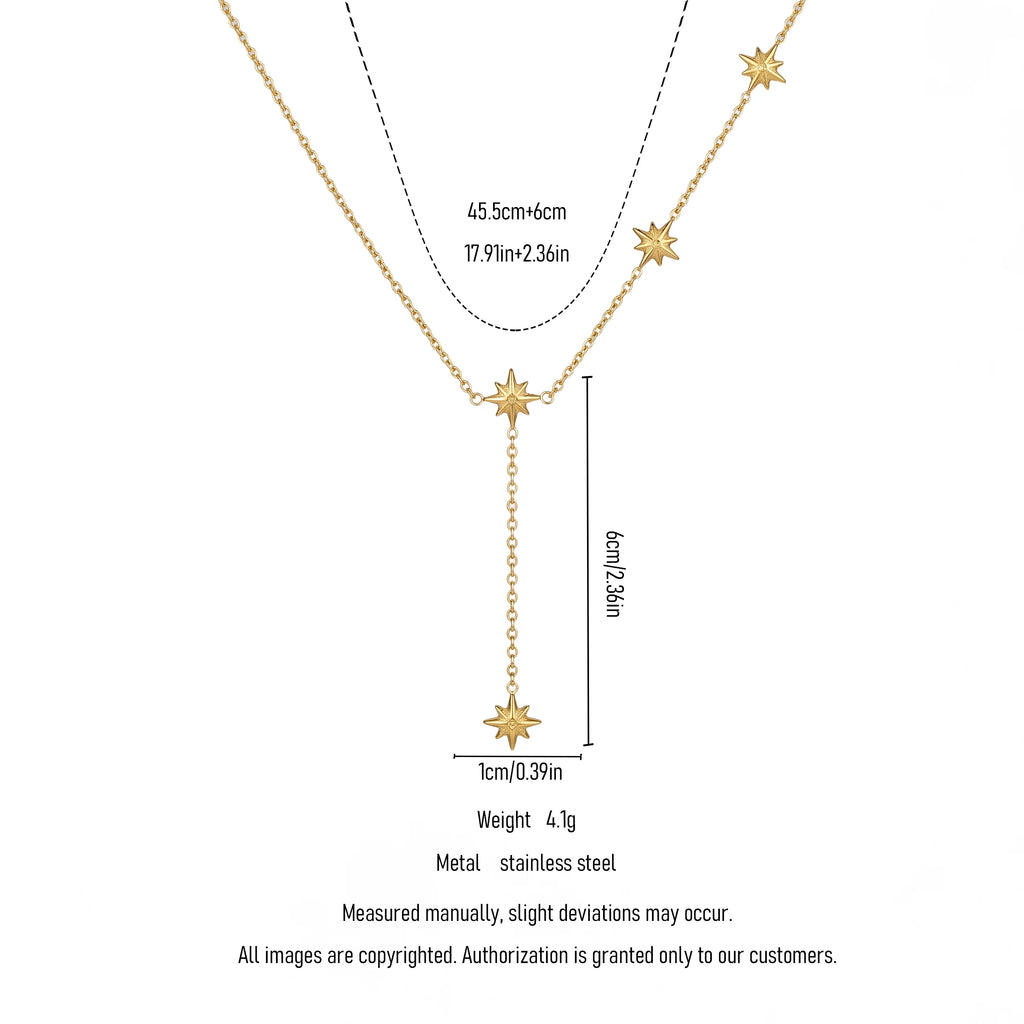 QIAOREN 11843 18K Gold Plated Stainless Steel Anti-Tarnish Hypoallergenic Multiple North Starburst Lariat Y-Chain Necklace