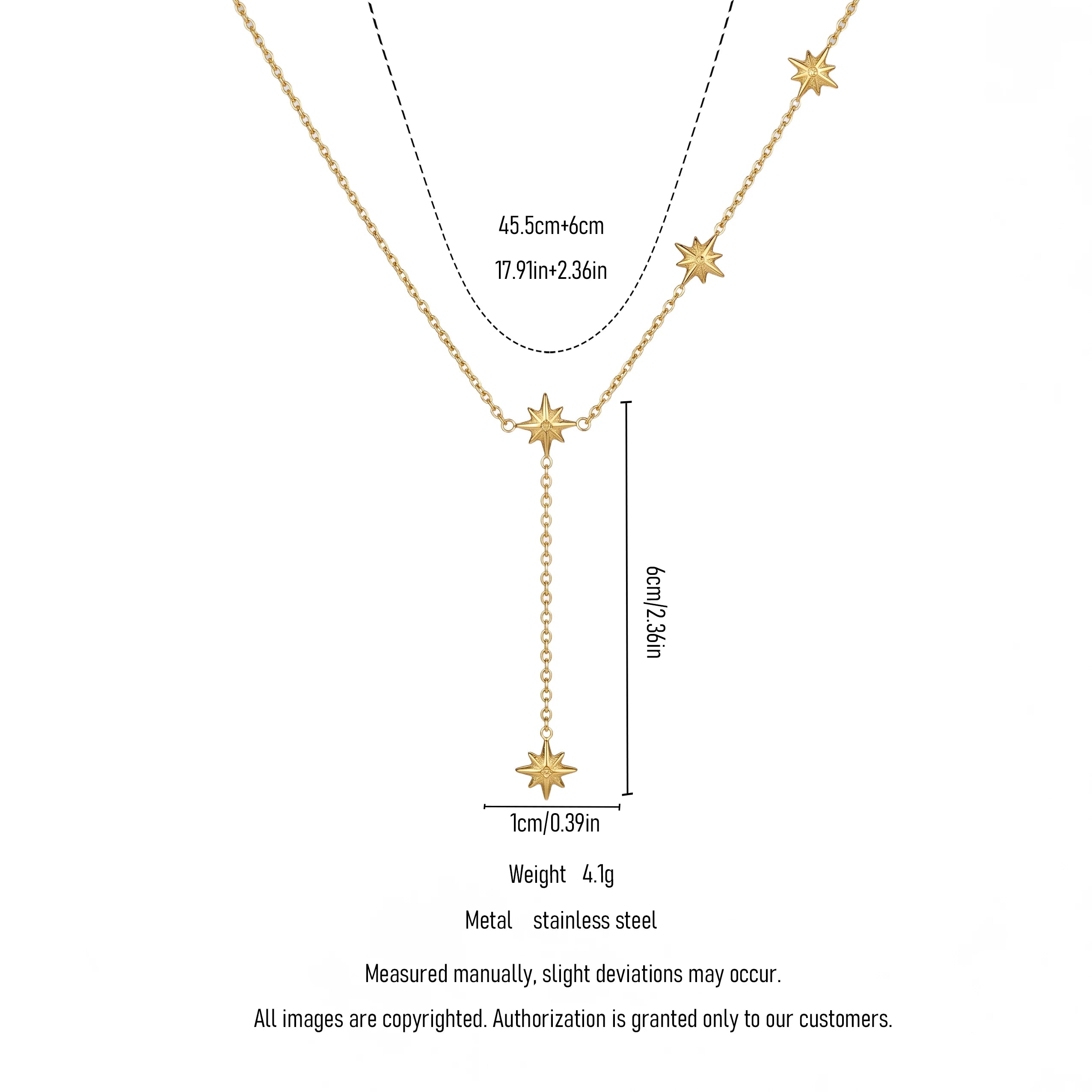 QIAOREN 11843 18K Gold Plated Stainless Steel Anti-Tarnish Hypoallergenic Multiple North Starburst Lariat Y-Chain Necklace