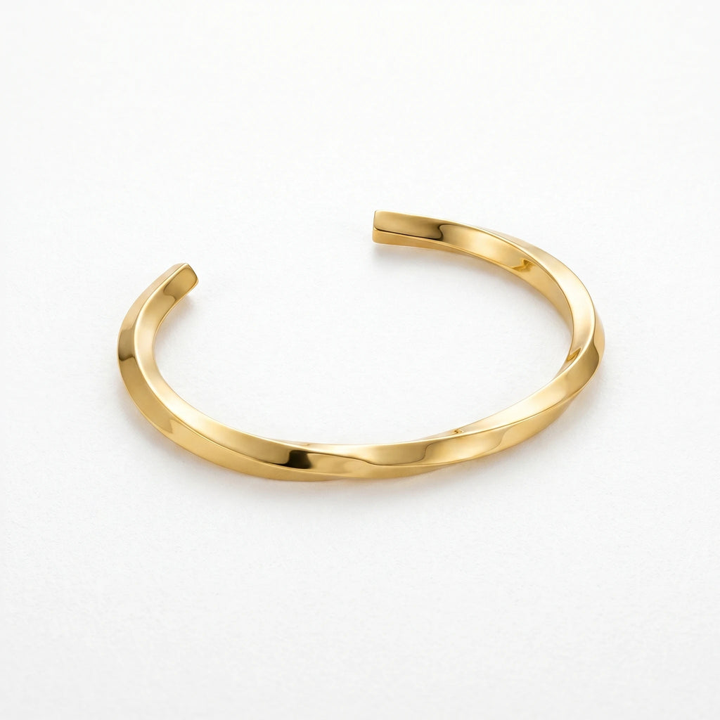 QIAOREN 12658 18K Gold Polished Twisted Texture Open Cuff Bracelet Stainless Steel Adjustable Smooth Wrist Jewelry Daily Gift